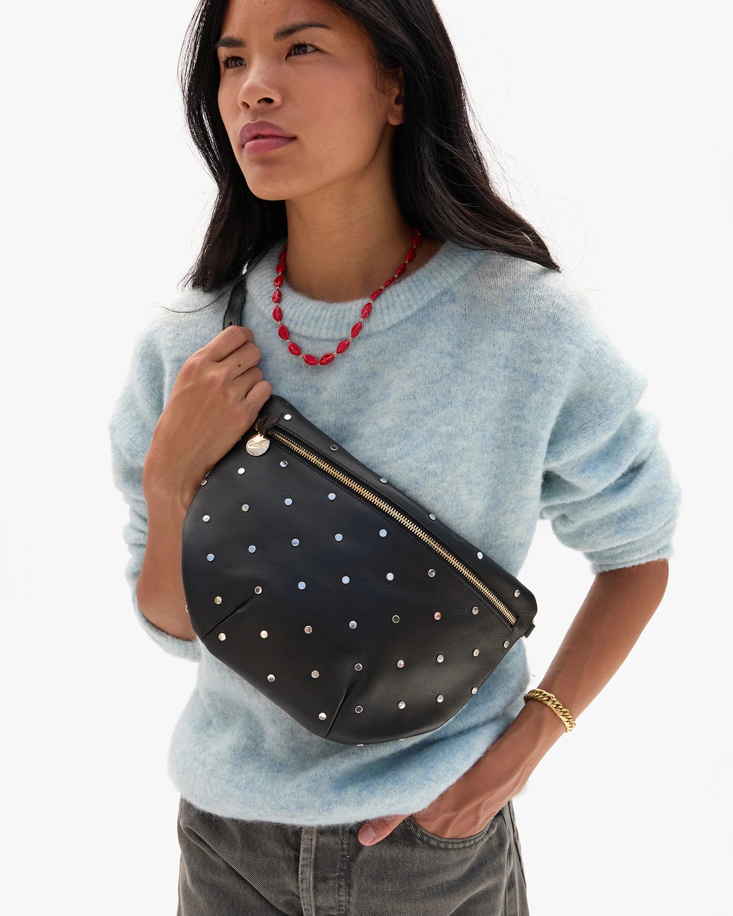 Clare V. Grande Fanny Natura w/ Allover Studs in Black