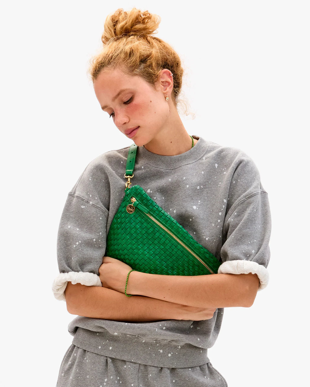 Clare V. Grande Fanny Woven Checker in Grass