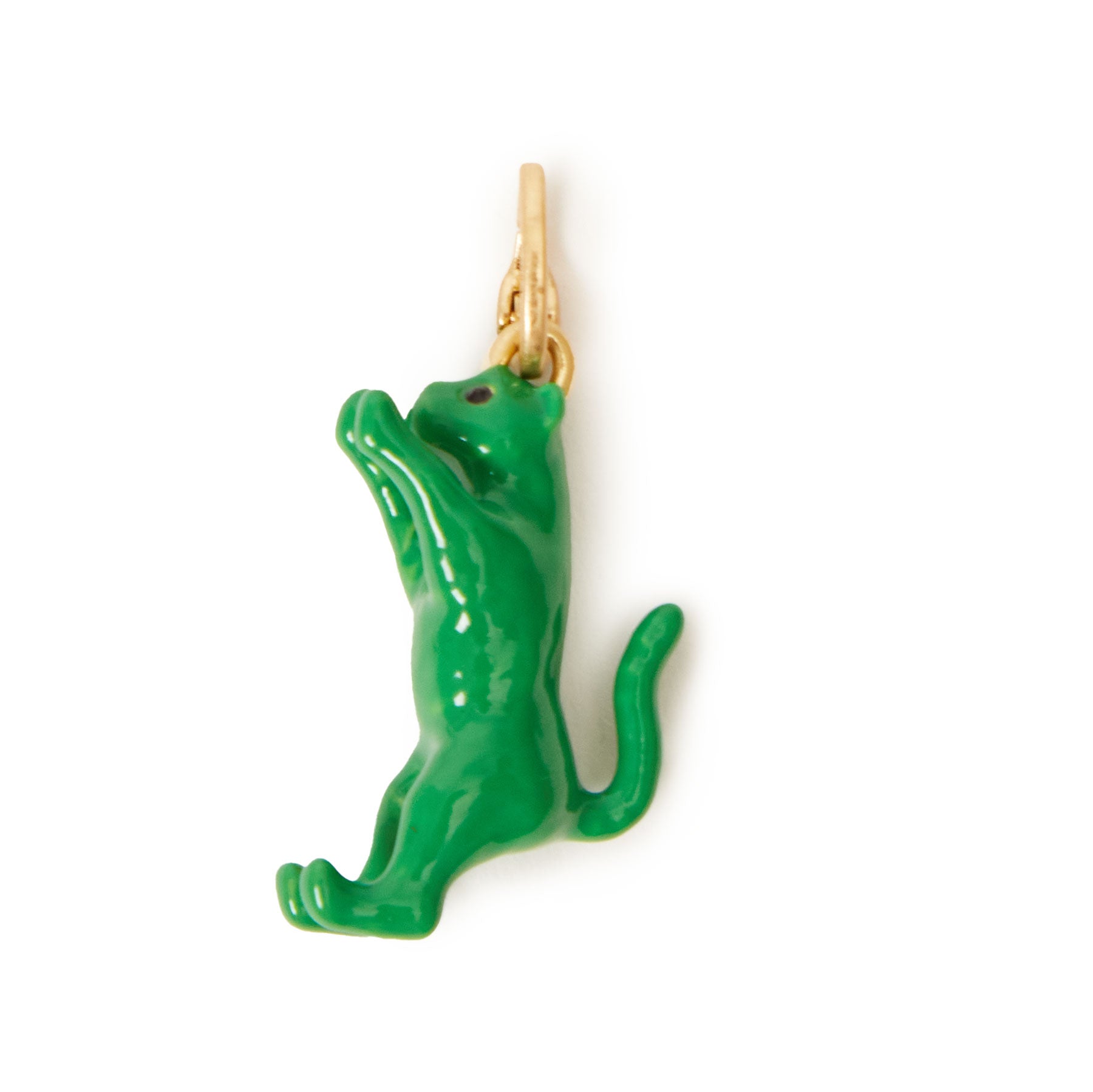 Green cat-shaped pendant on a gold chain against a white background