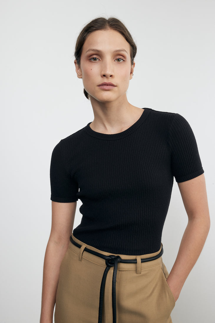 Enza Costa Pointelle Short Sleeve in Black