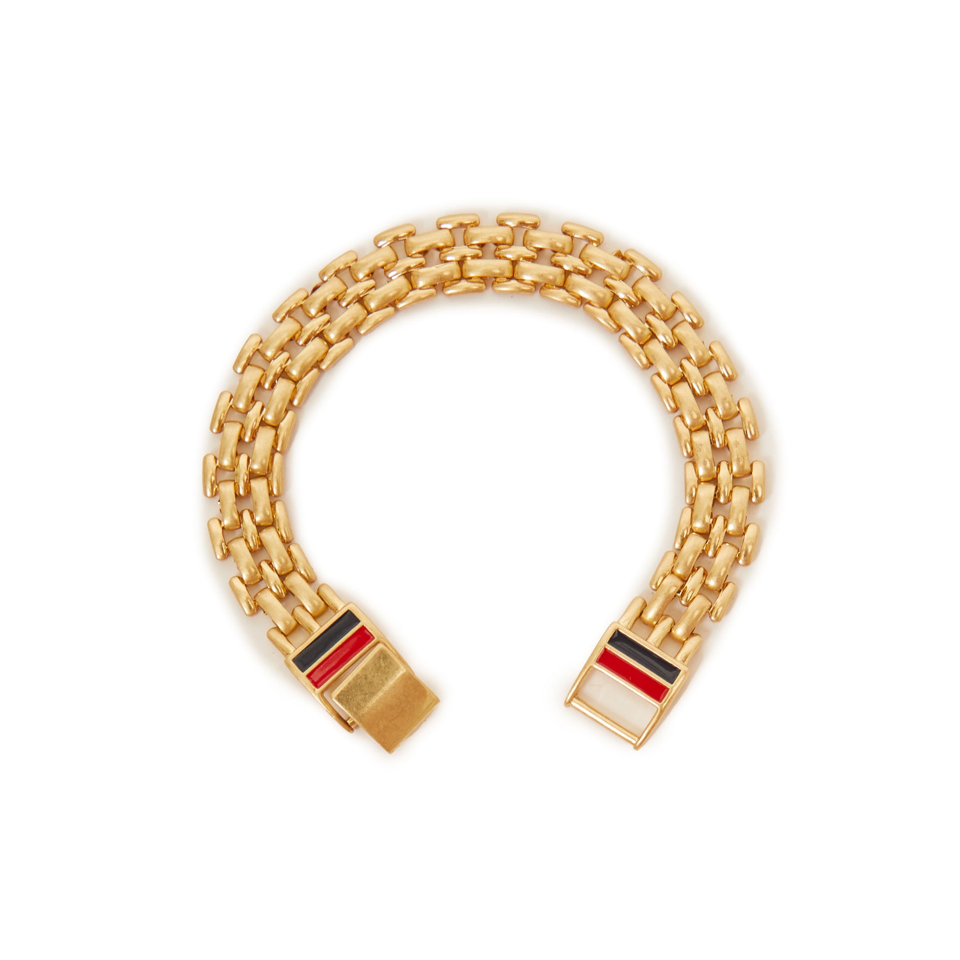 Gold chain bracelet with red and black accents on a white background