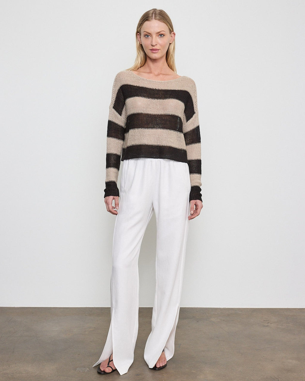 Enza Costa Stripe Linen Bateau Sweater in Oatmeal/Black