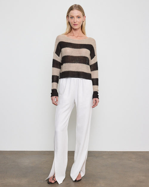 Enza Costa Stripe Linen Bateau Sweater in Oatmeal/Black