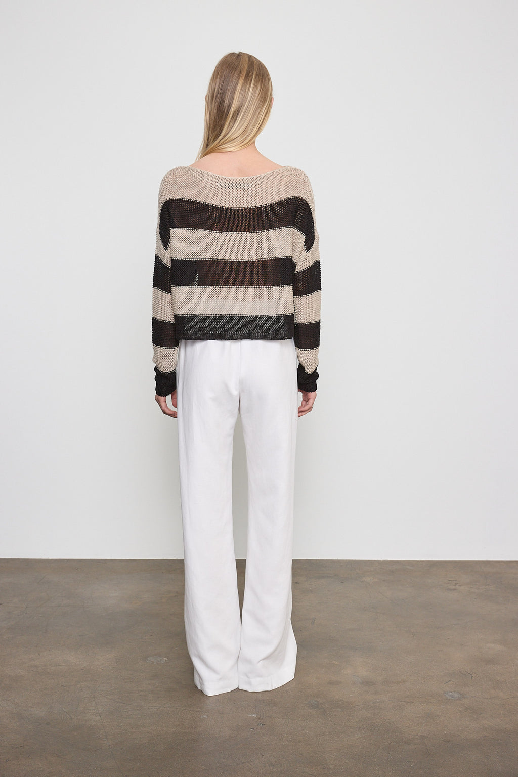 Enza Costa Stripe Linen Bateau Sweater in Oatmeal/Black
