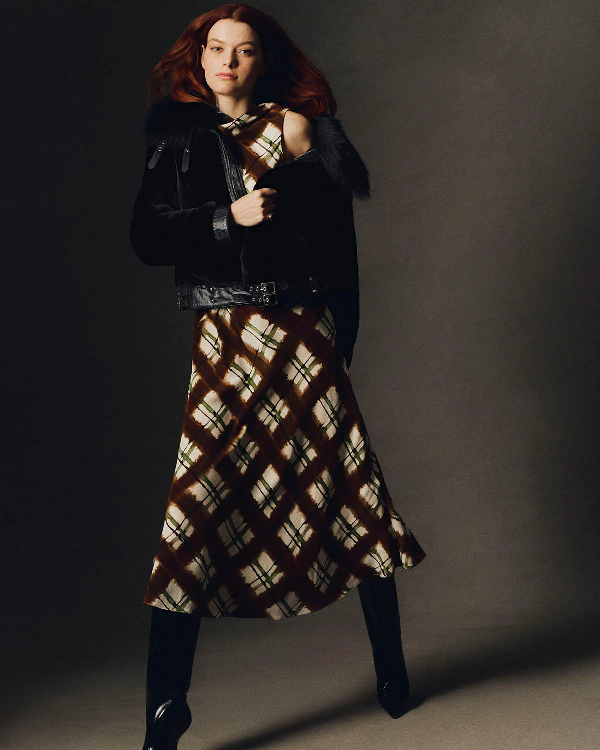 Cara Cara Crystal Midi Dress in Painted Plaid Brown