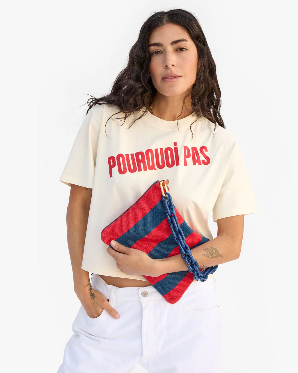 Clare V. Flat Clutch w/ Tabs in Poppy/French Blue