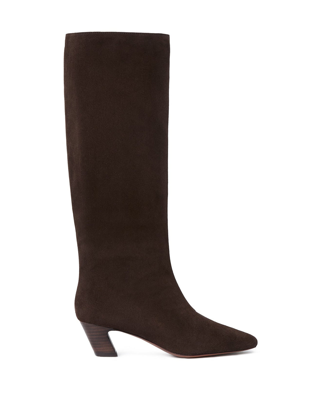 Brown knee-high boot on a white background