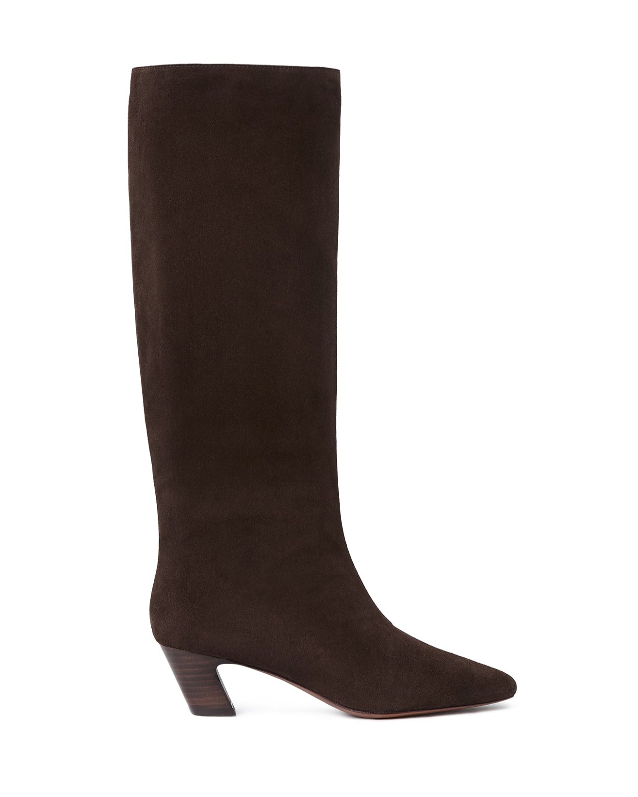Brown knee-high boot on a white background