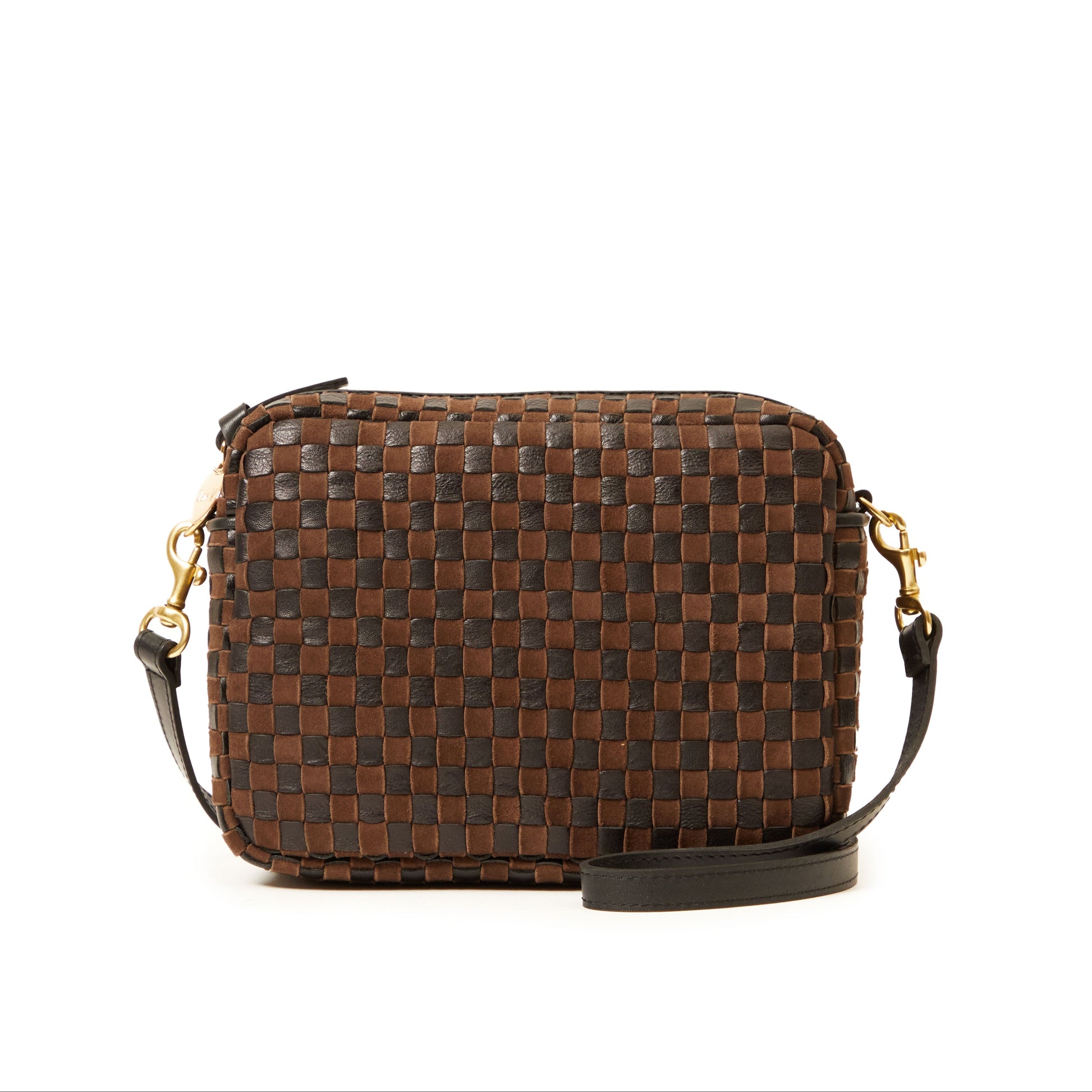 Woven brown and black handbag on a white background