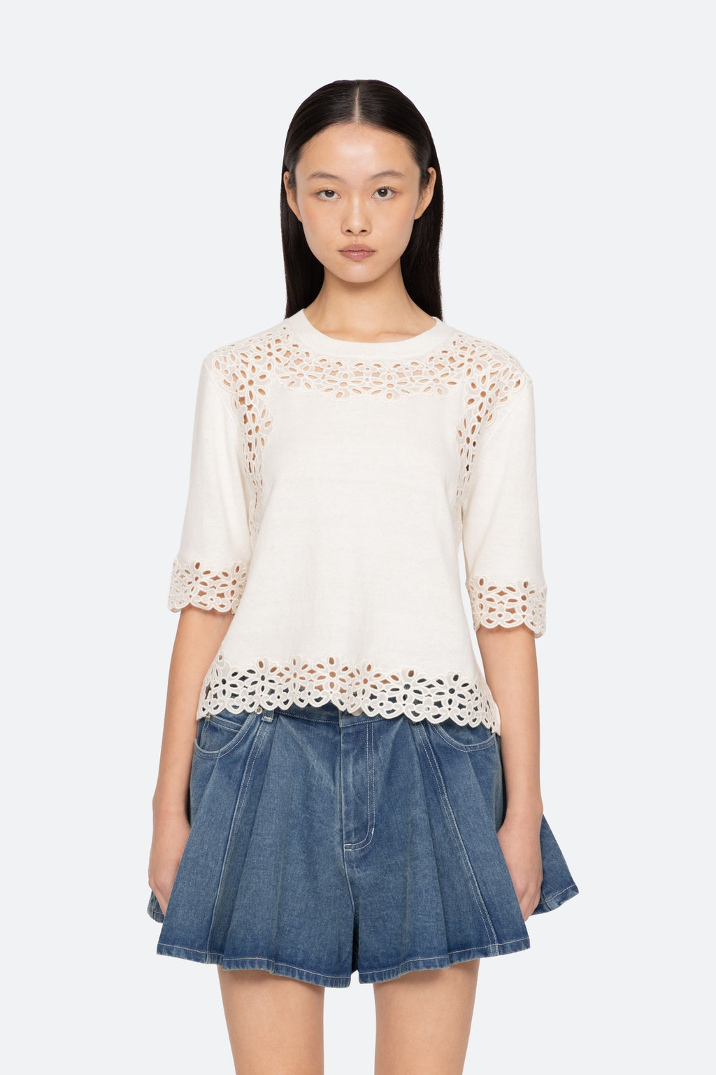 Sea New York Leila Eyelet Short Sleeve Sweater
