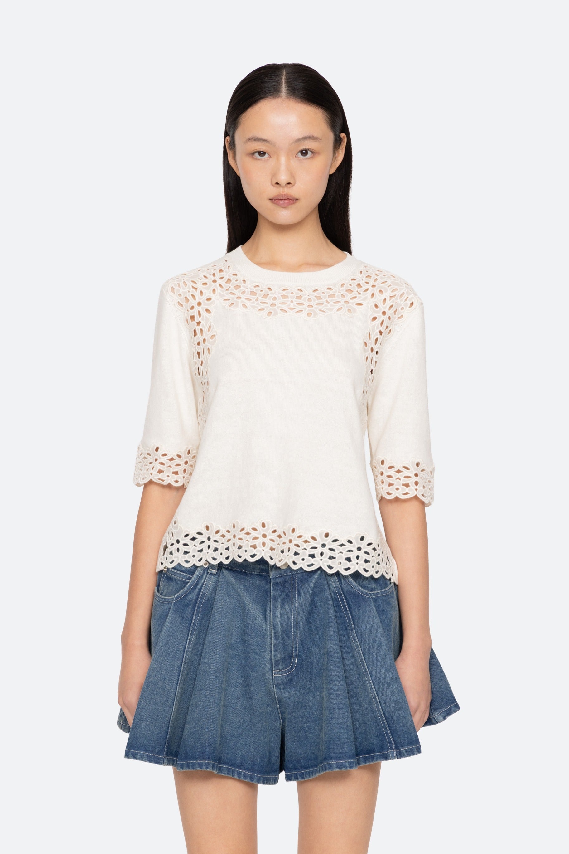 Sea New York Leila Eyelet Short Sleeve Sweater