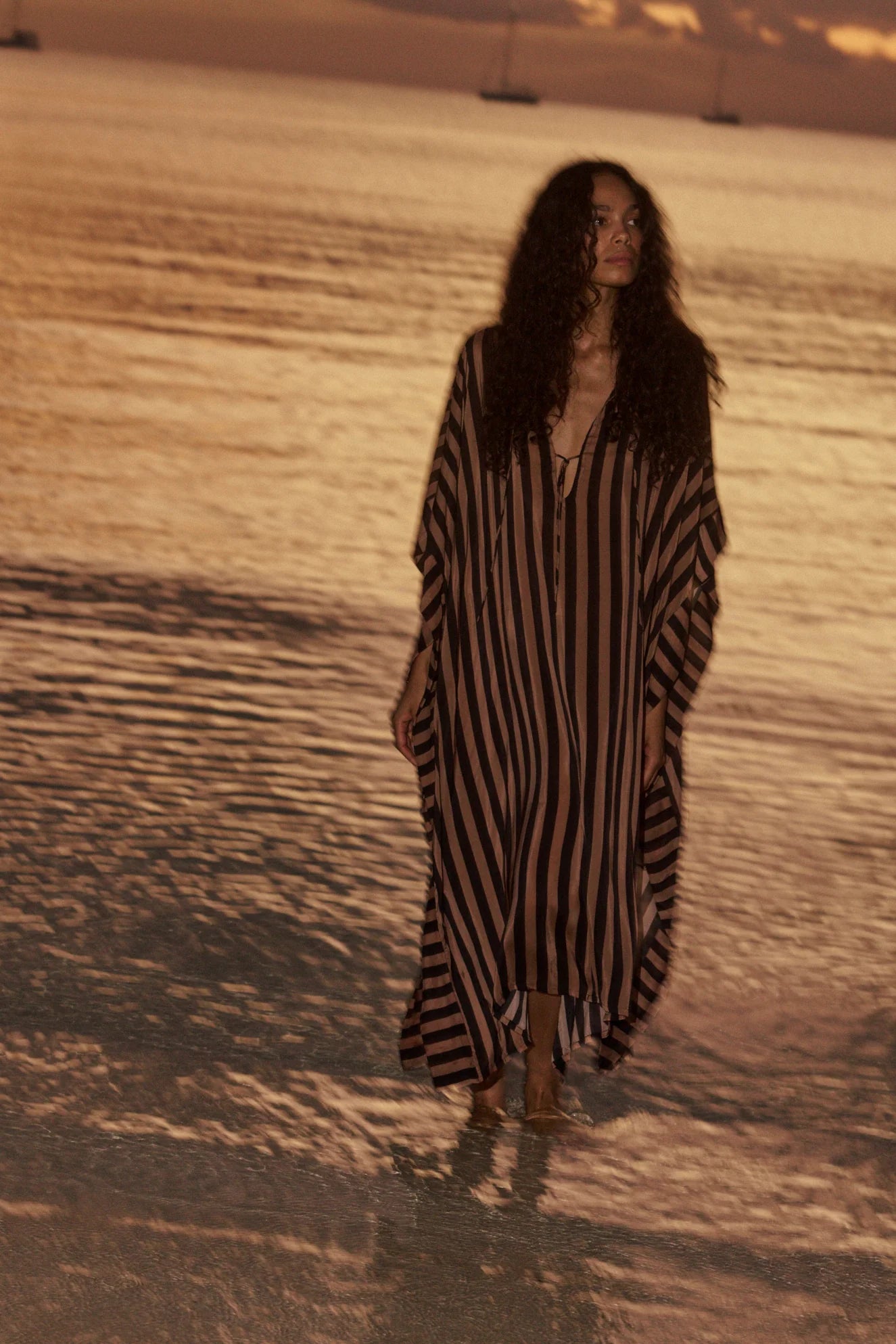 Natalie Martin Paulina Caftan in Thick Stripe Black & Tan