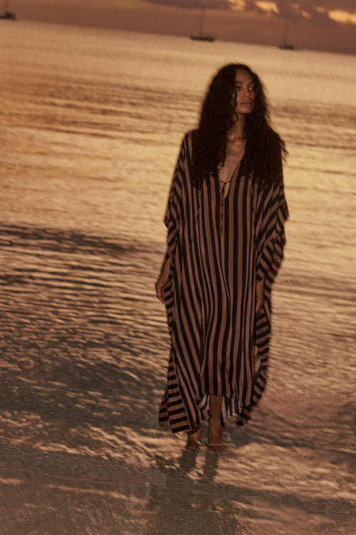 Natalie Martin Paulina Caftan in Thick Stripe Black & Tan