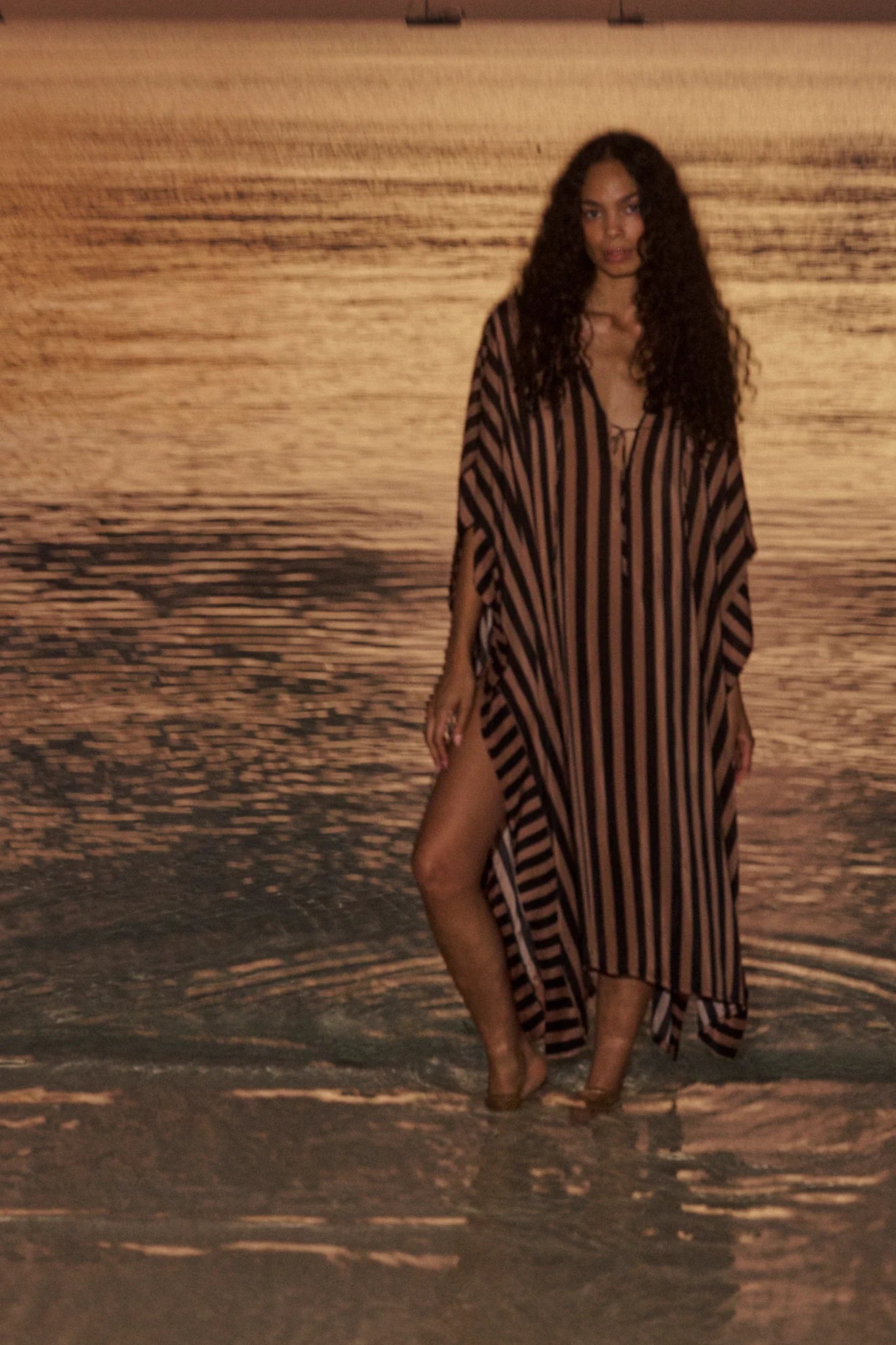 Natalie Martin Paulina Caftan in Thick Stripe Black & Tan