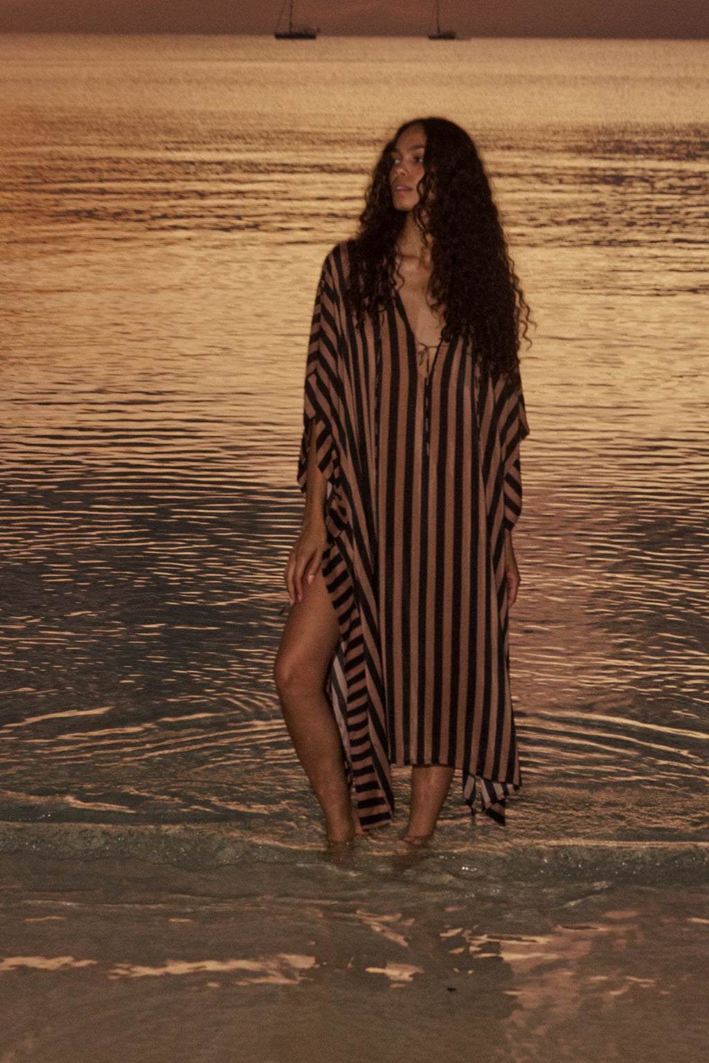 Natalie Martin Paulina Caftan in Thick Stripe Black & Tan