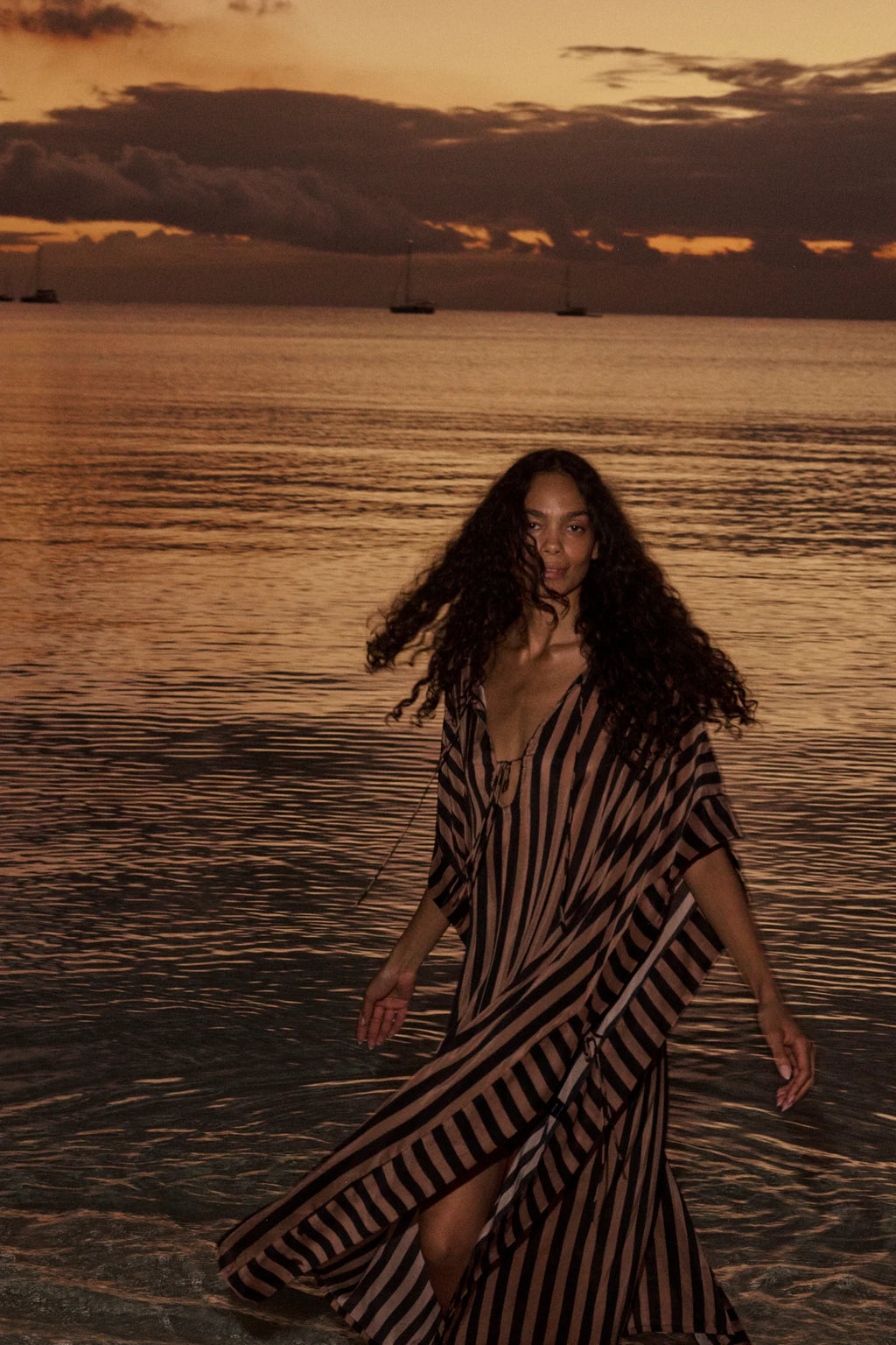 Natalie Martin Paulina Caftan in Thick Stripe Black & Tan