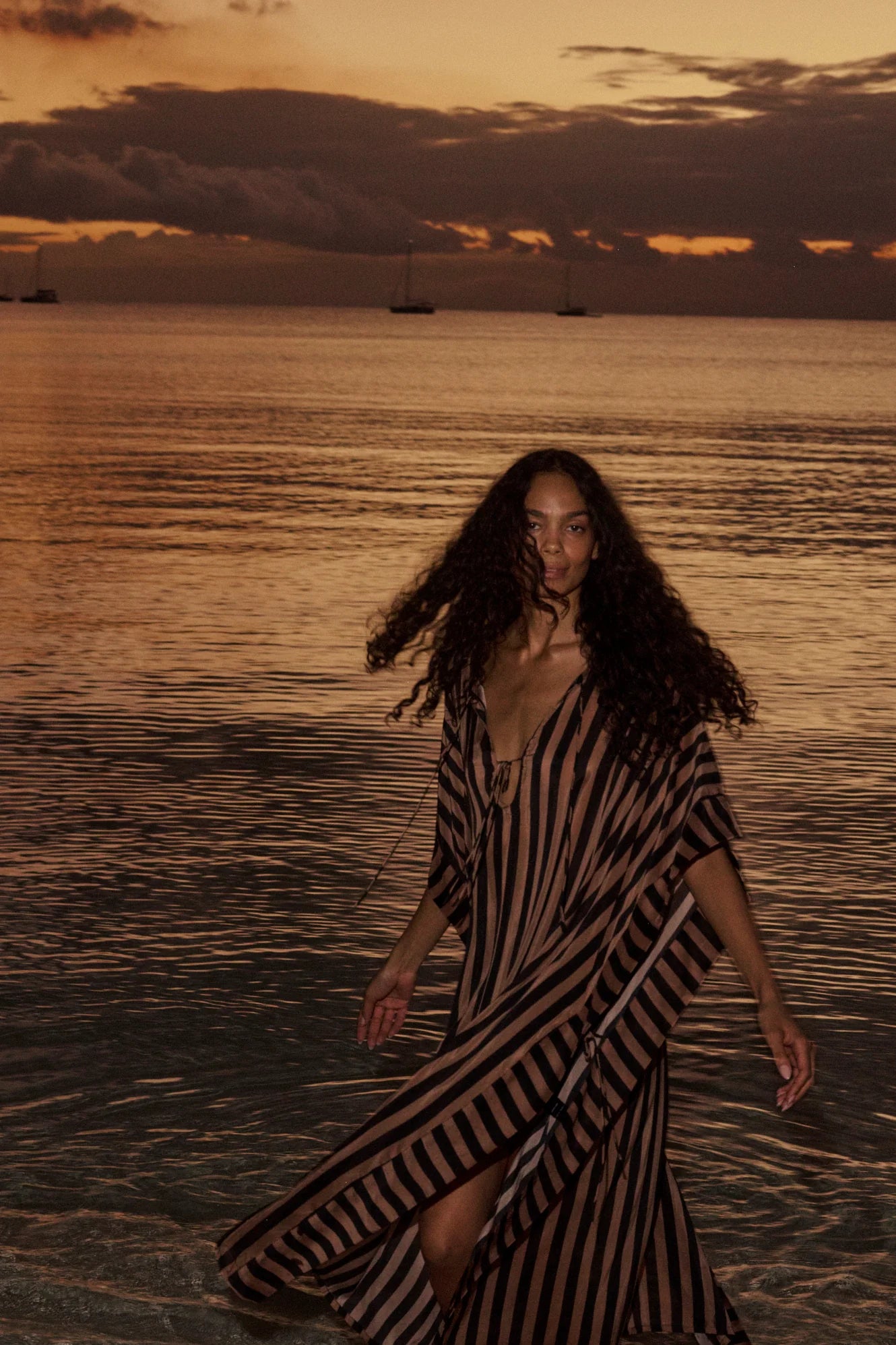 Natalie Martin Paulina Caftan in Thick Stripe Black & Tan