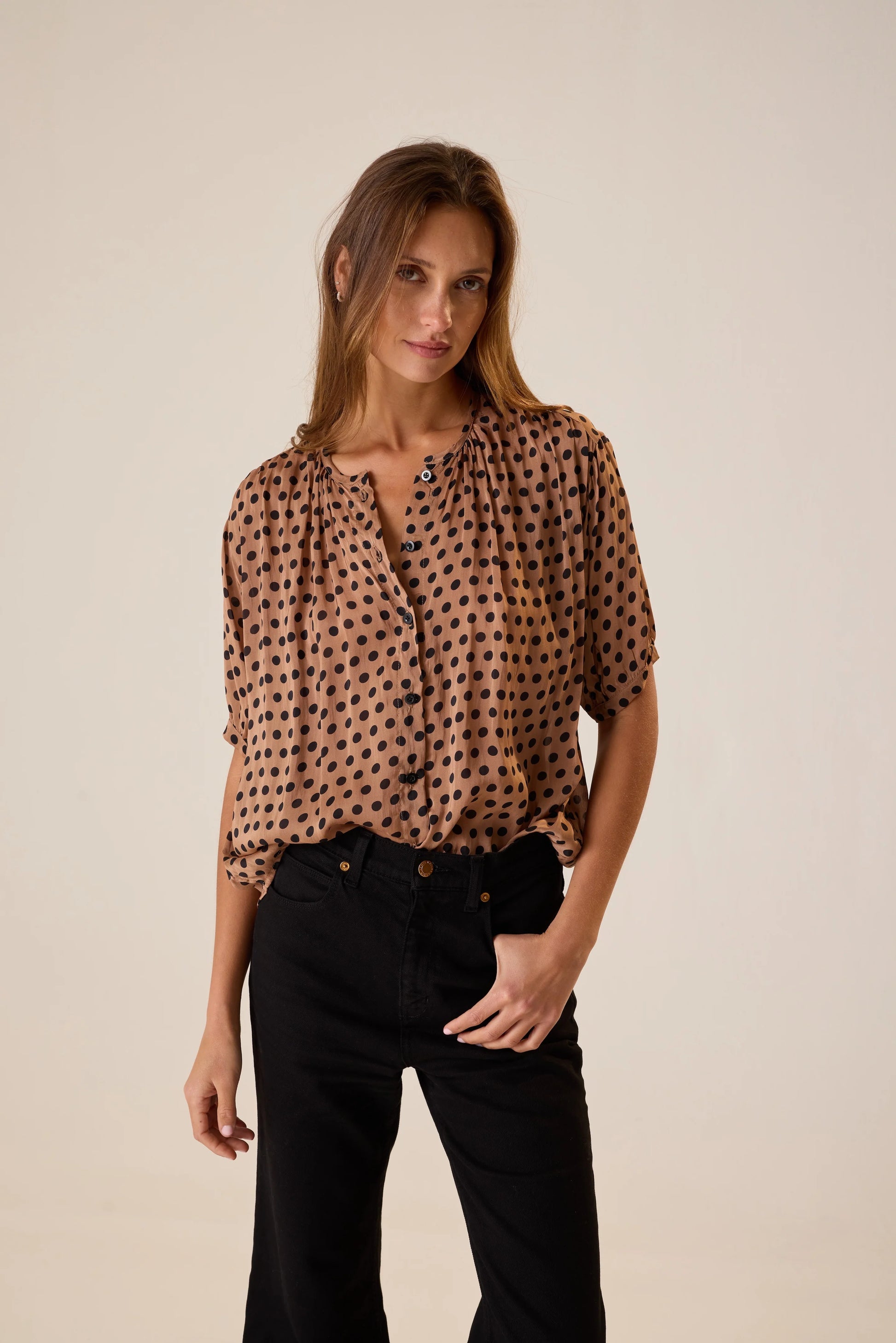 Natalie Martin Violet Top in Grande Polka Dot Black & Tan