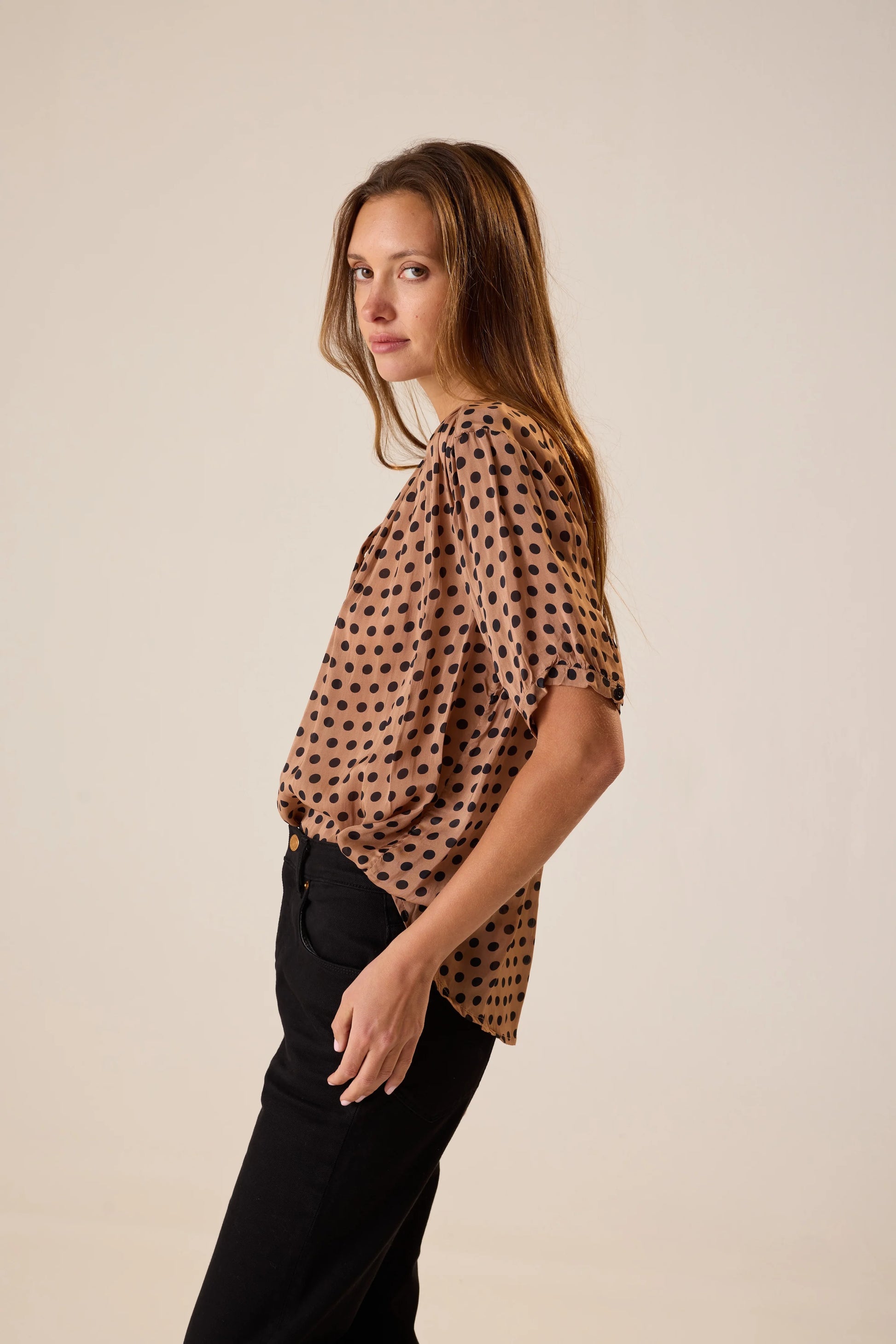 Natalie Martin Violet Top in Grande Polka Dot Black & Tan