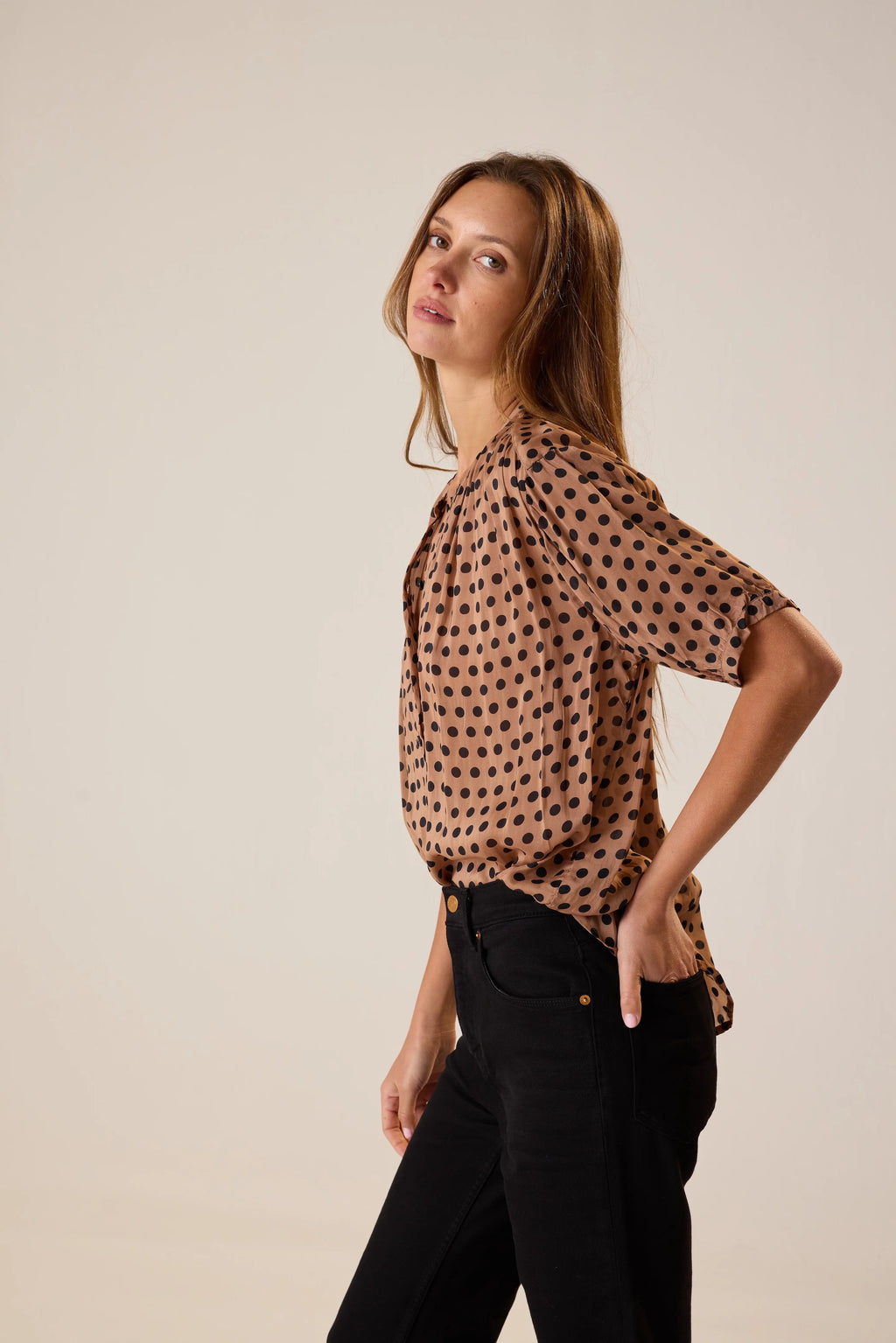 Natalie Martin Violet Top in Grande Polka Dot Black & Tan
