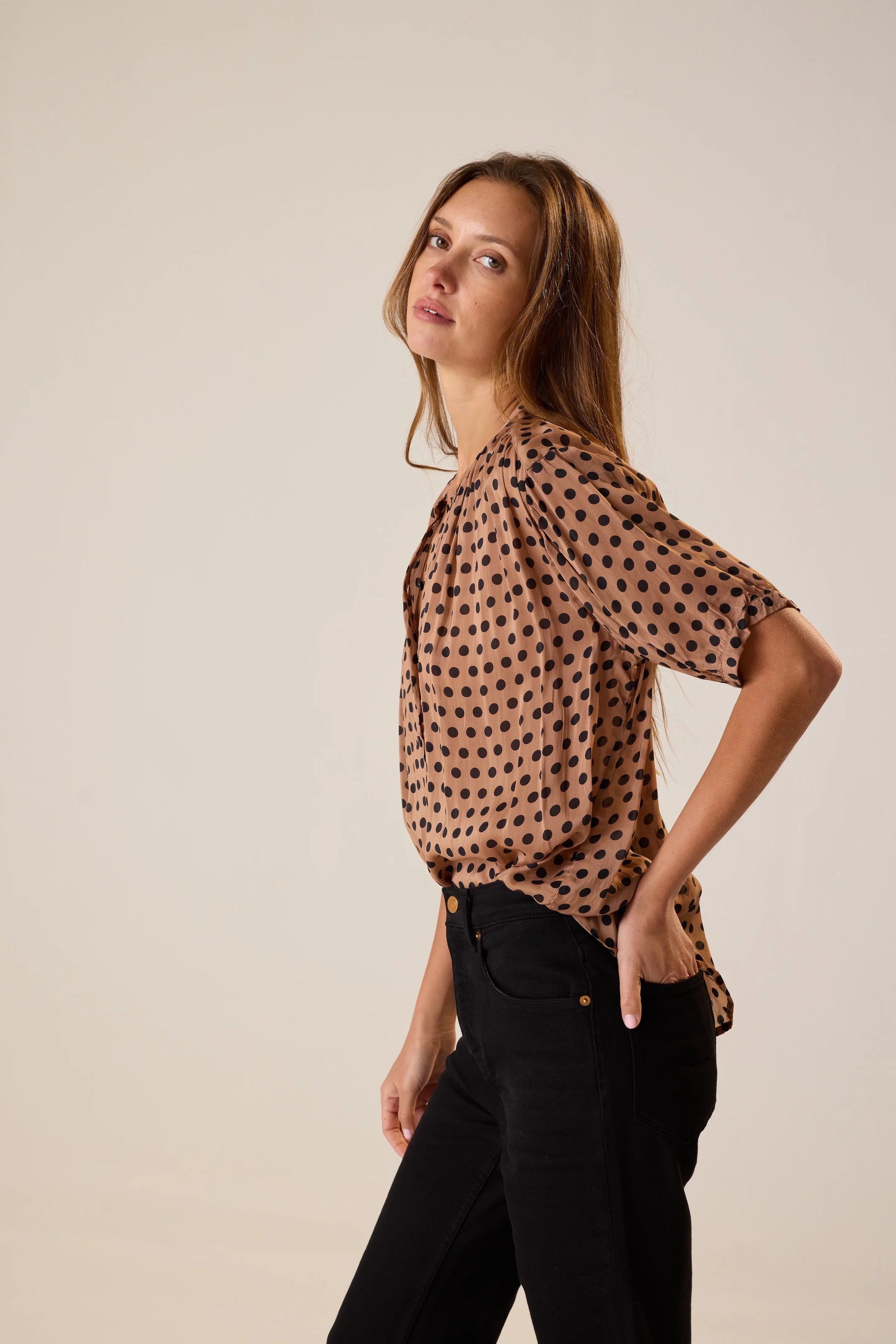 Natalie Martin Violet Top in Grande Polka Dot Black & Tan