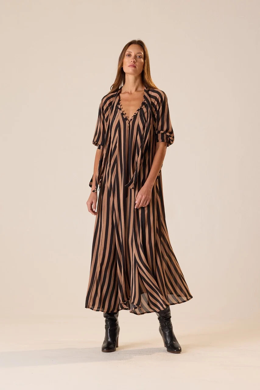 Natalie Martin Monét Dress in Thick Stripe Black & Tan