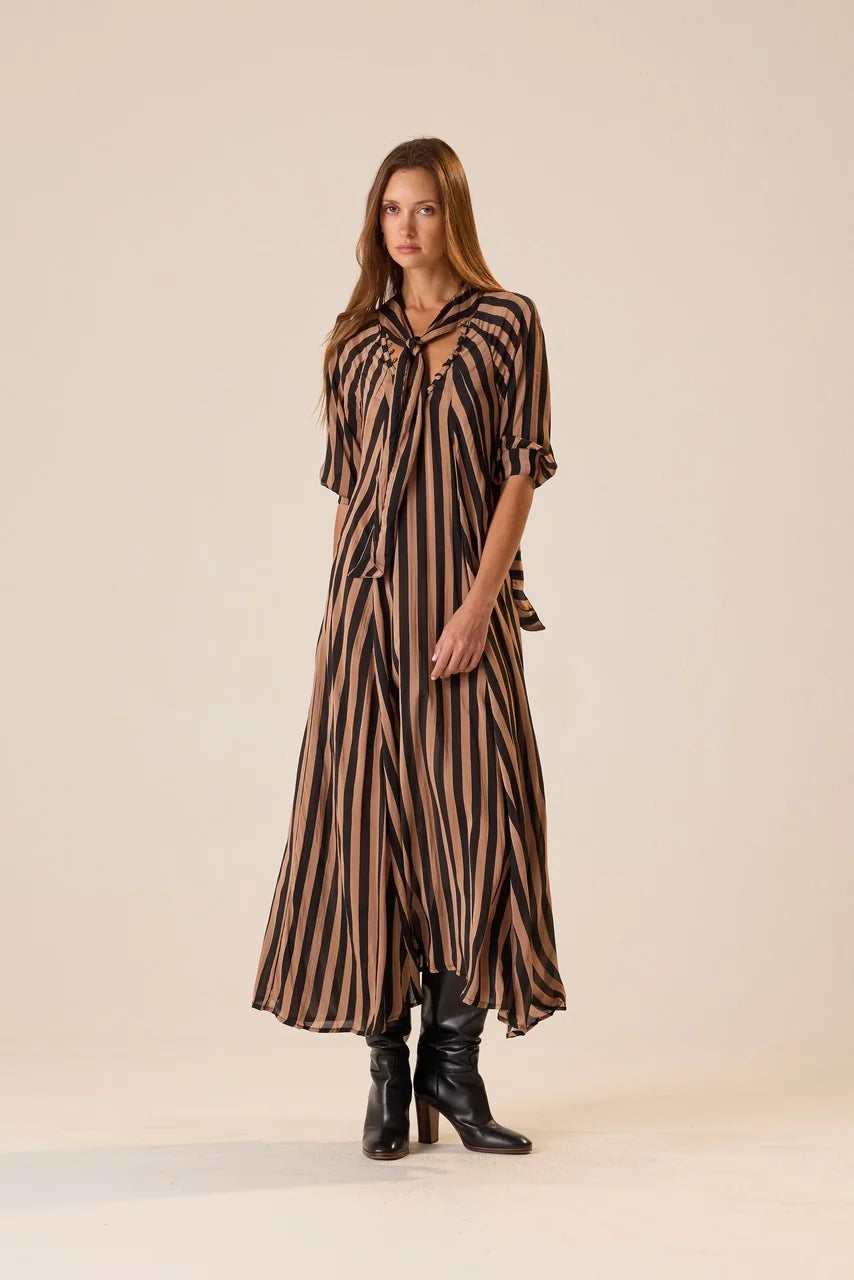 Natalie Martin Monét Dress in Thick Stripe Black & Tan