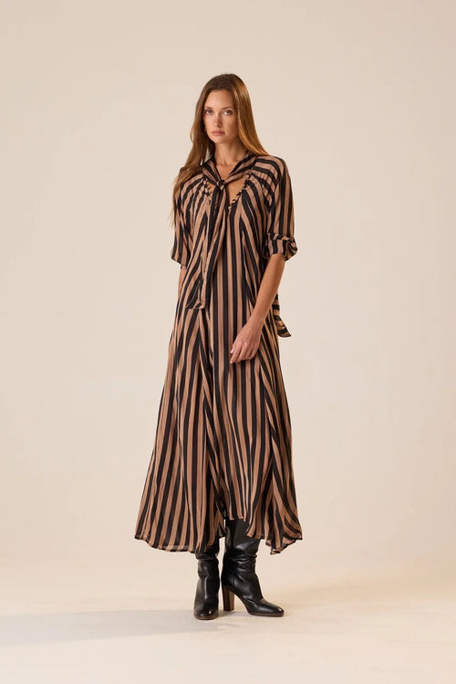 Natalie Martin Monét Dress in Thick Stripe Black & Tan