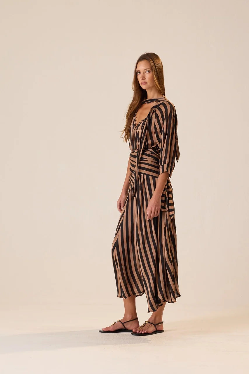 Natalie Martin Monét Dress in Thick Stripe Black & Tan