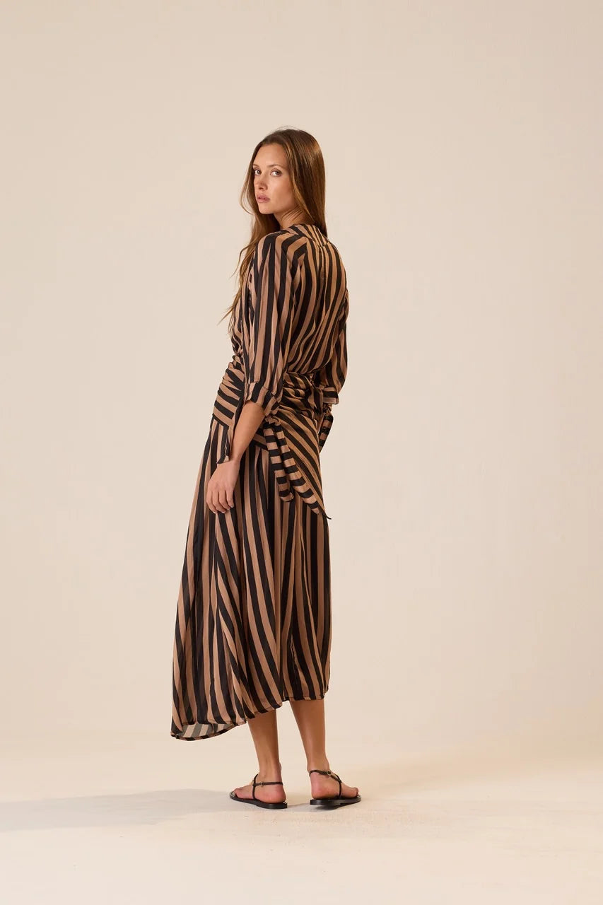 Natalie Martin Monét Dress in Thick Stripe Black & Tan