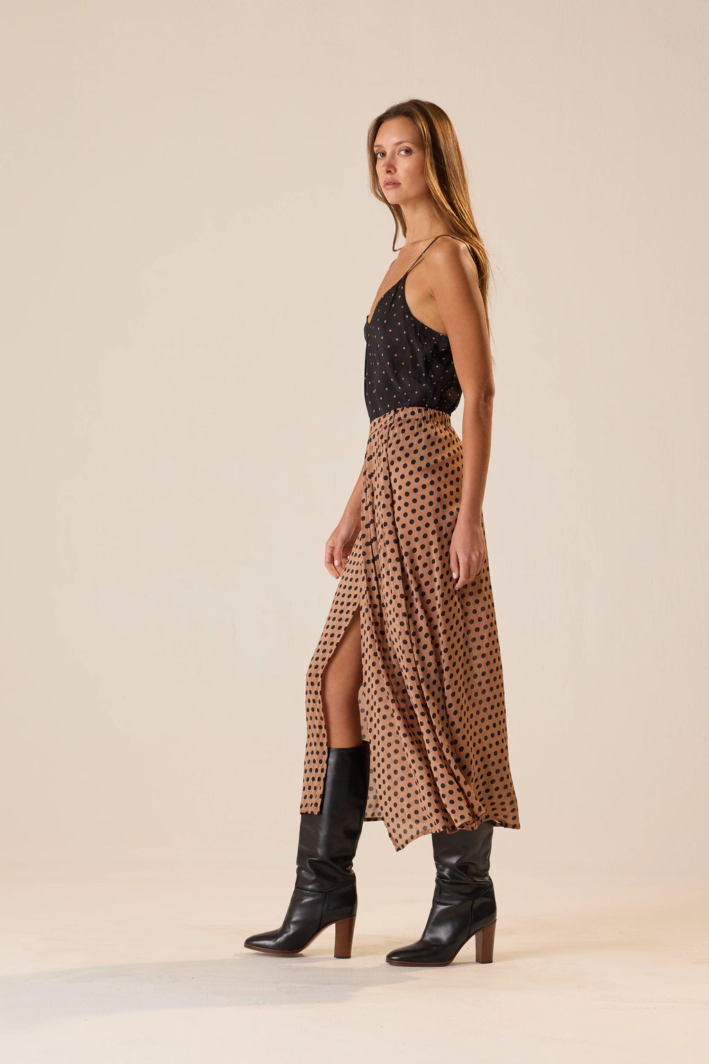 Natalie Martin Capucine Skirt in Grande Polka Dot Black & Tan