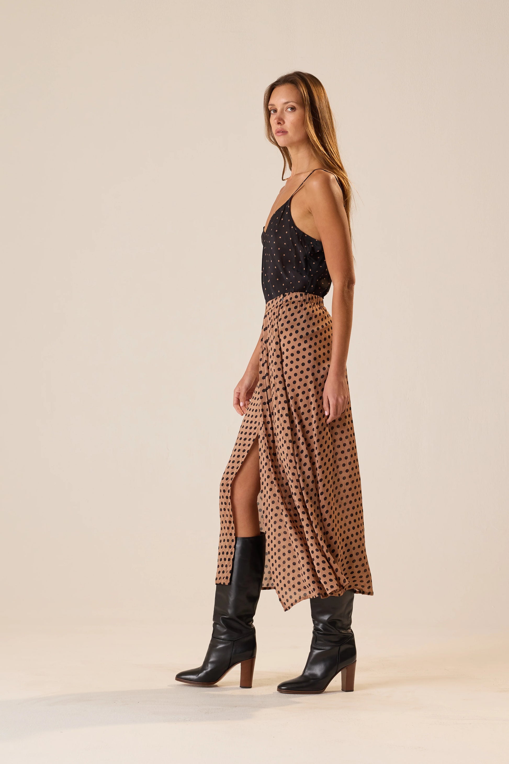 Natalie Martin Capucine Skirt in Grande Polka Dot Black & Tan