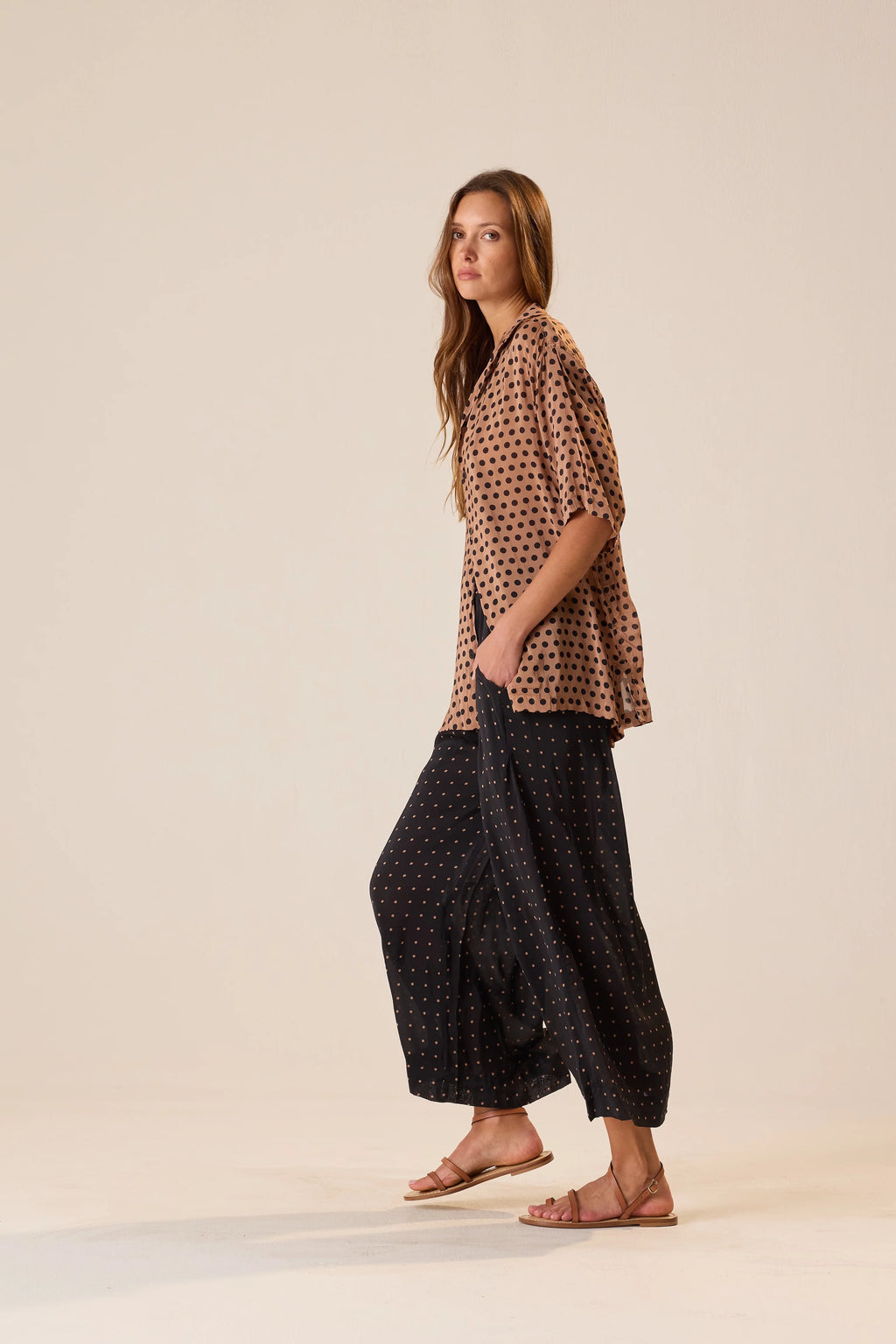 Natalie Martin Lauren Pant in Petite Polka Dot Black & Tan