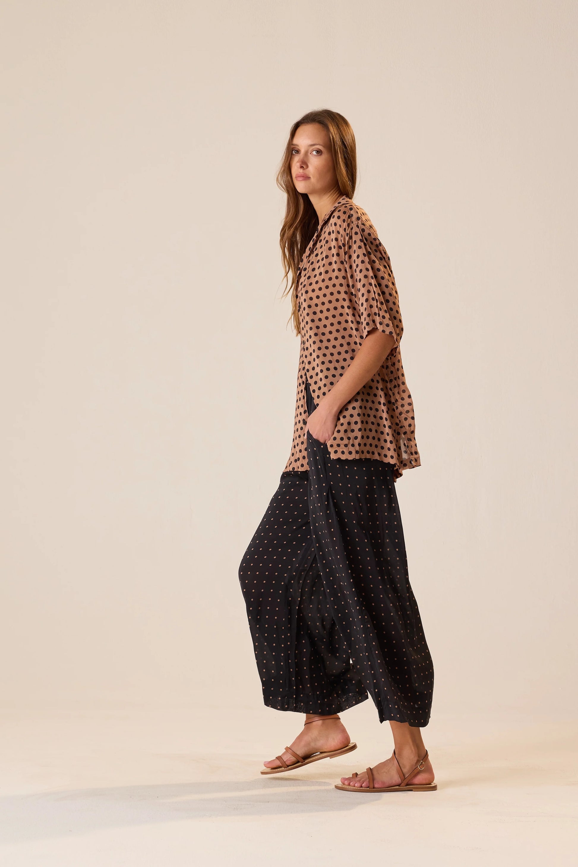 Natalie Martin Lauren Pant in Petite Polka Dot Black & Tan