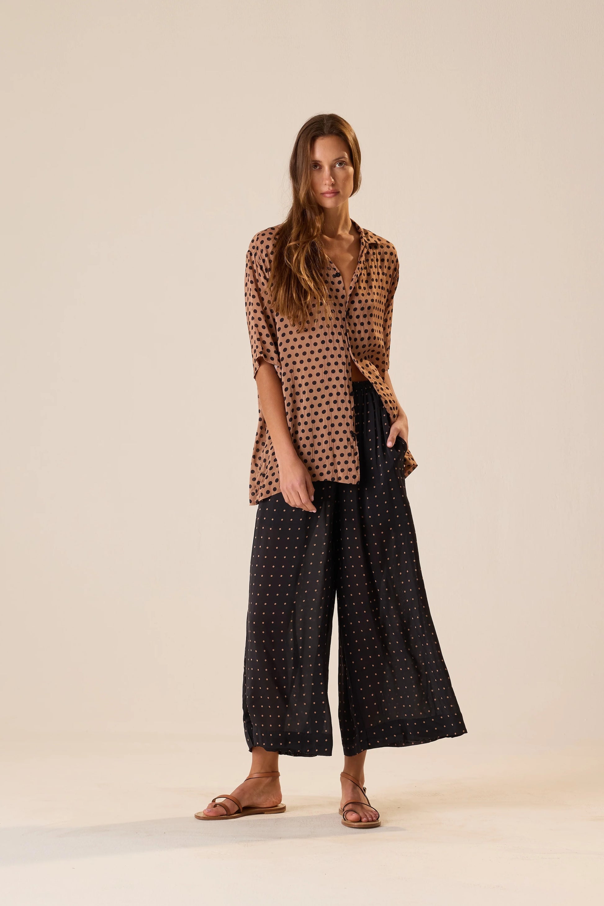 Natalie Martin Lauren Pant in Petite Polka Dot Black & Tan