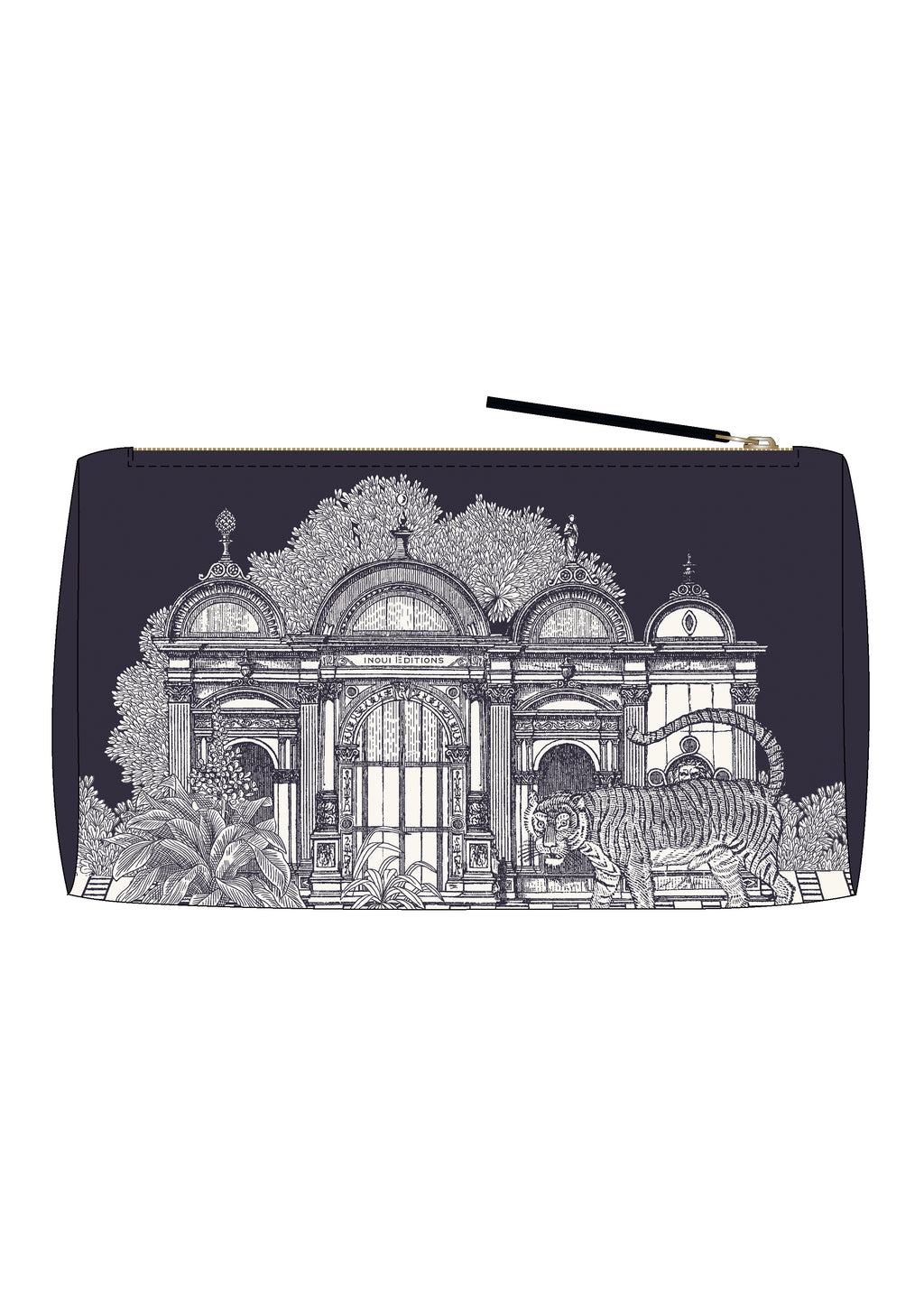 Navy blue pouch with white architectural design and tiger illustration on a white background