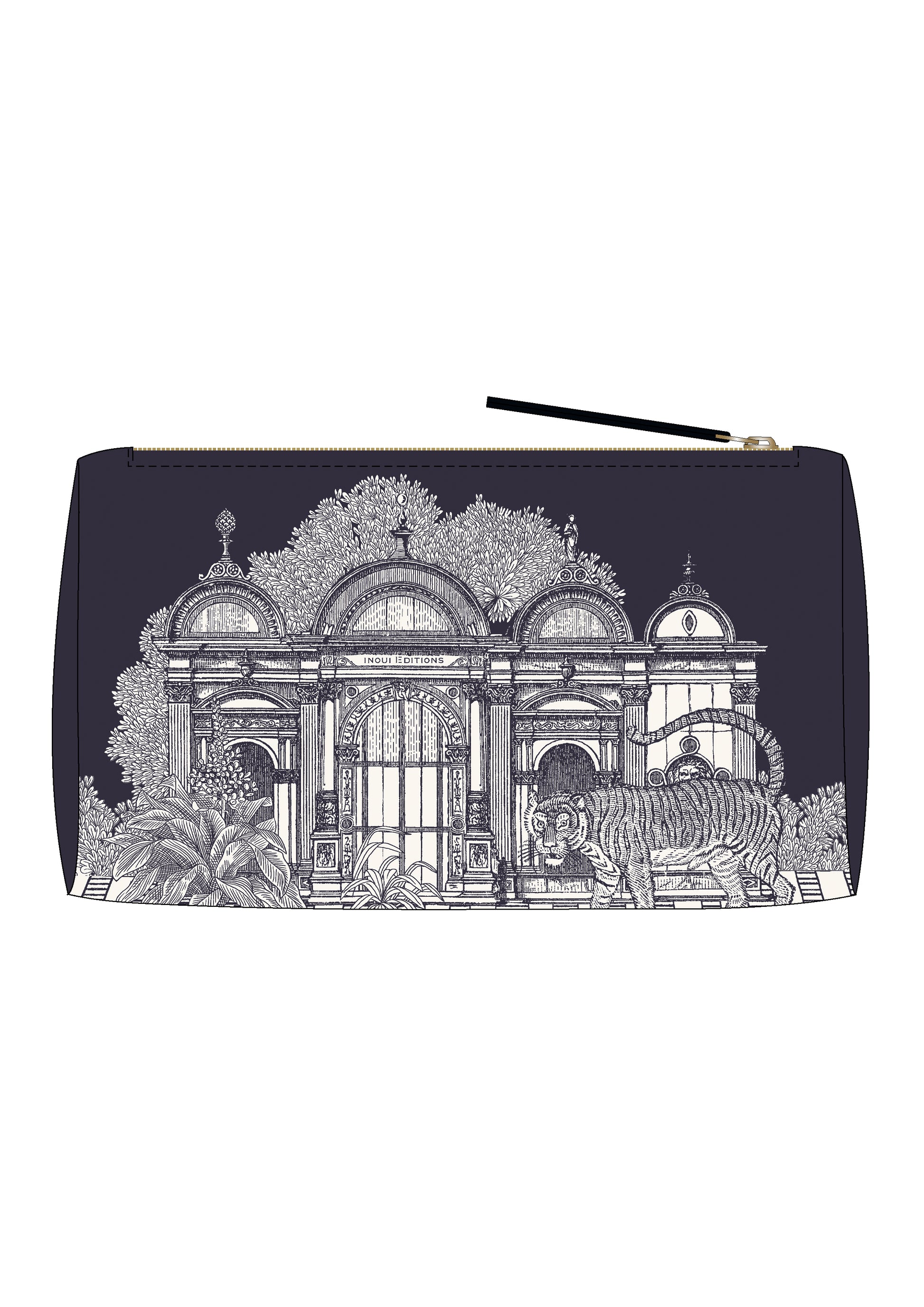 Navy blue pouch with white architectural design and tiger illustration on a white background