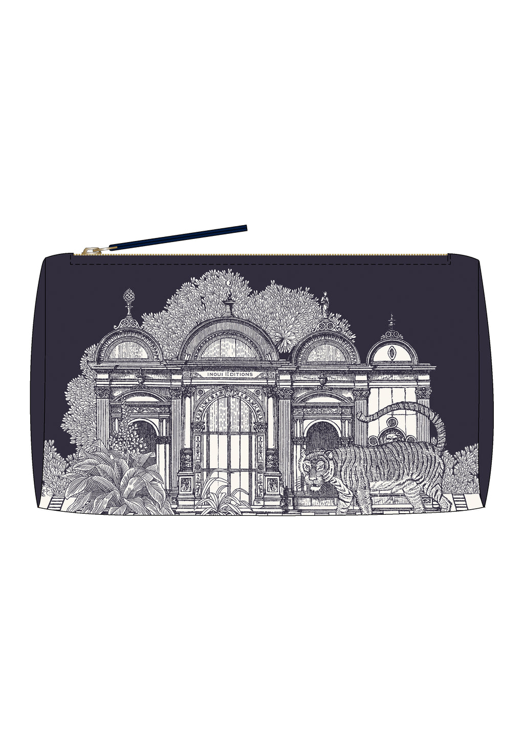 Pouch with architectural design and lion illustration on a white background