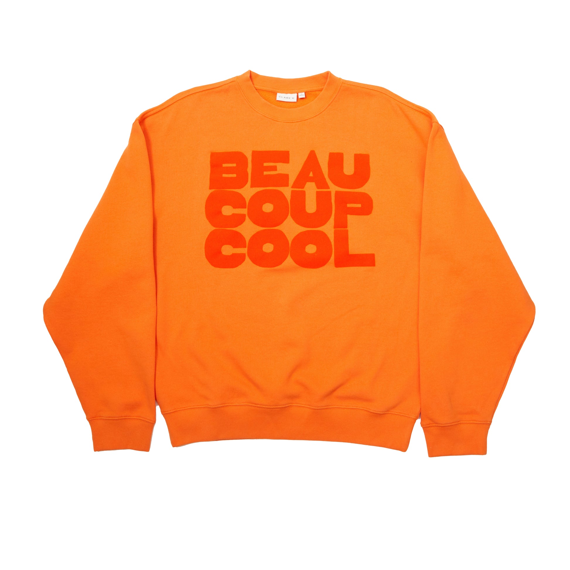 Orange sweatshirt with 'BEAU COUP COOL' text on a white background