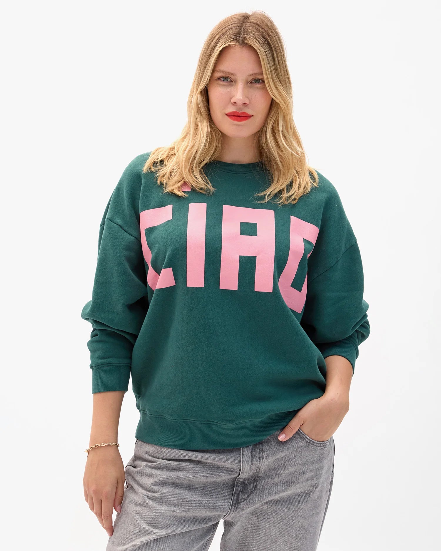 Clare V. Oversized Sweatshirt Grand Block Ciao in Deep Pine