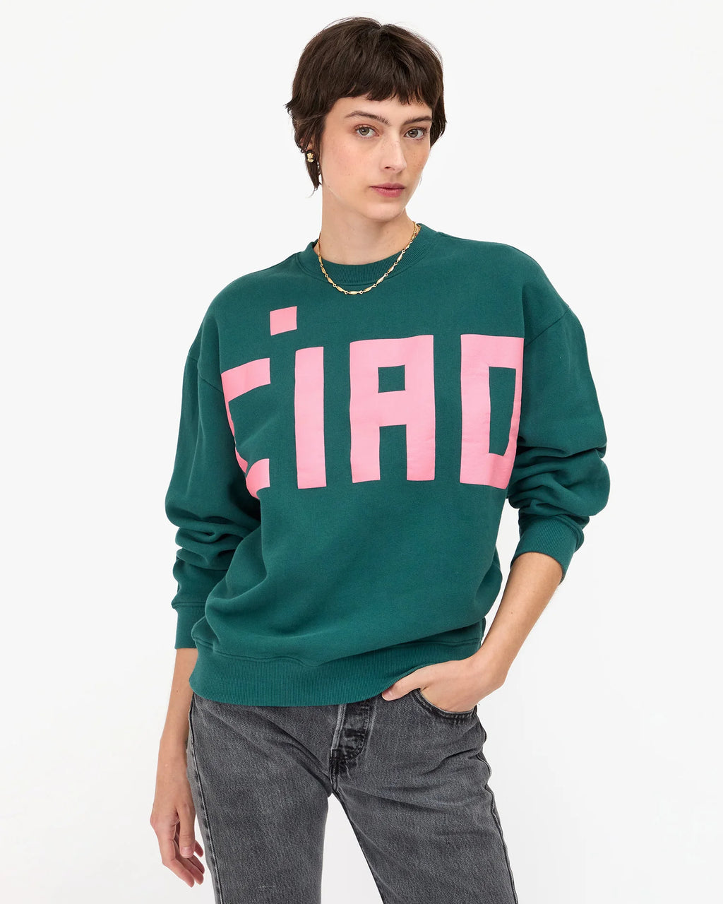 Clare V. Oversized Sweatshirt Grand Block Ciao in Deep Pine