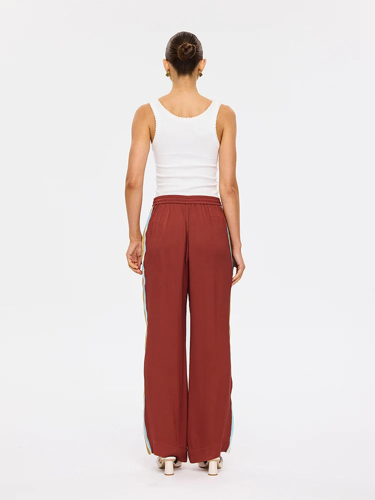 A model shown from the back wearing wide-leg rust-colored pants with a white tank top, standing against a plain white studio background.