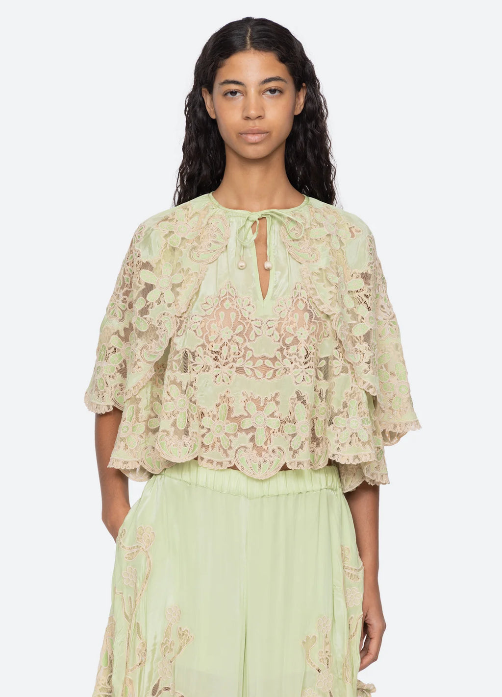 Sea New York Gracelyn Lace Embroidered Top in Green