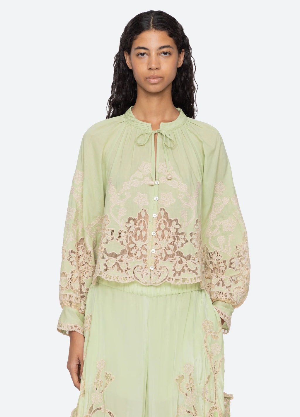 Sea New York Gracelyn Lace Embroidered Top in Green