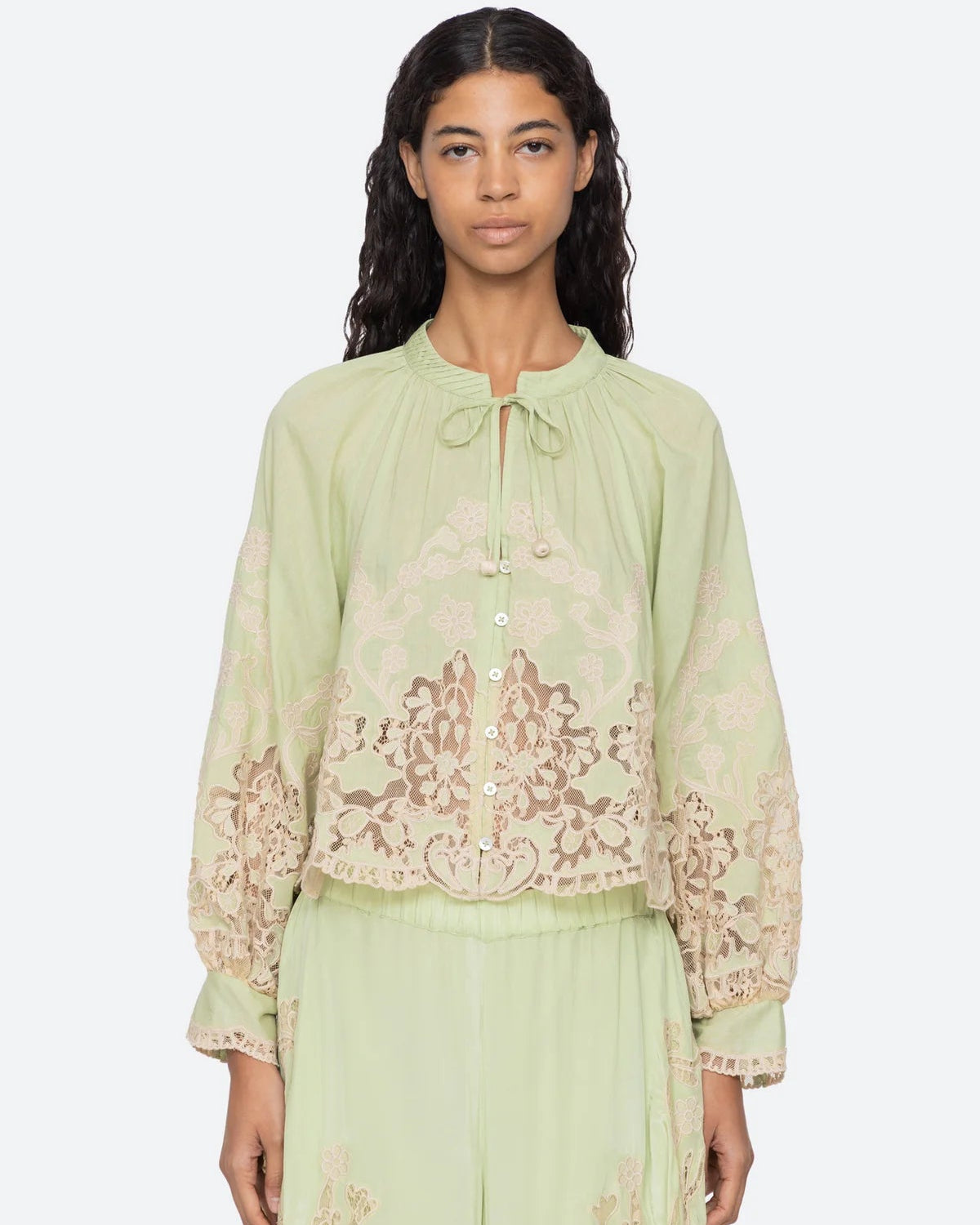 Sea New York Gracelyn Lace Embroidered Top in Green