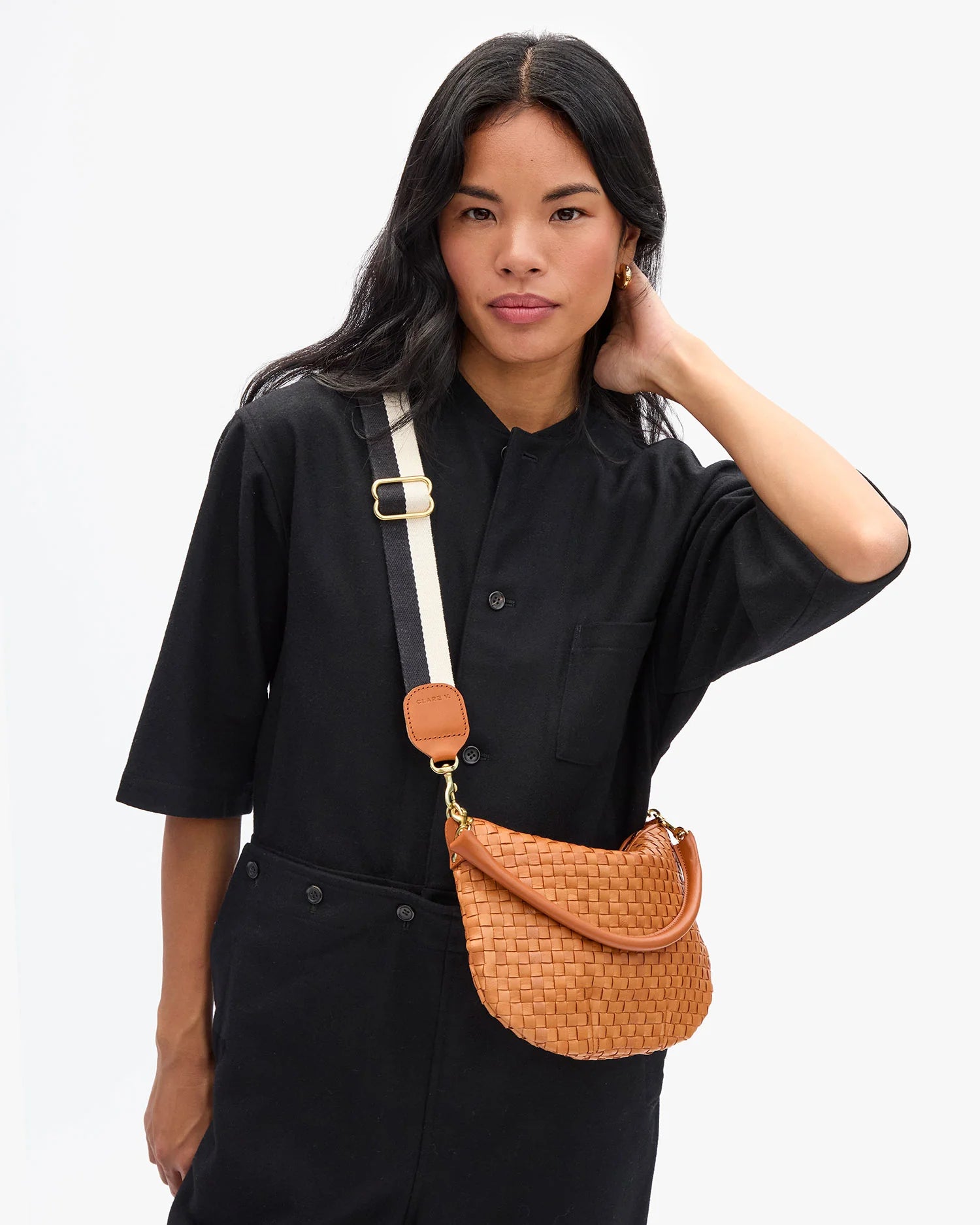 Clare V. Adjustable Crossbody Strap Two Tone Webbing in Black/Cream