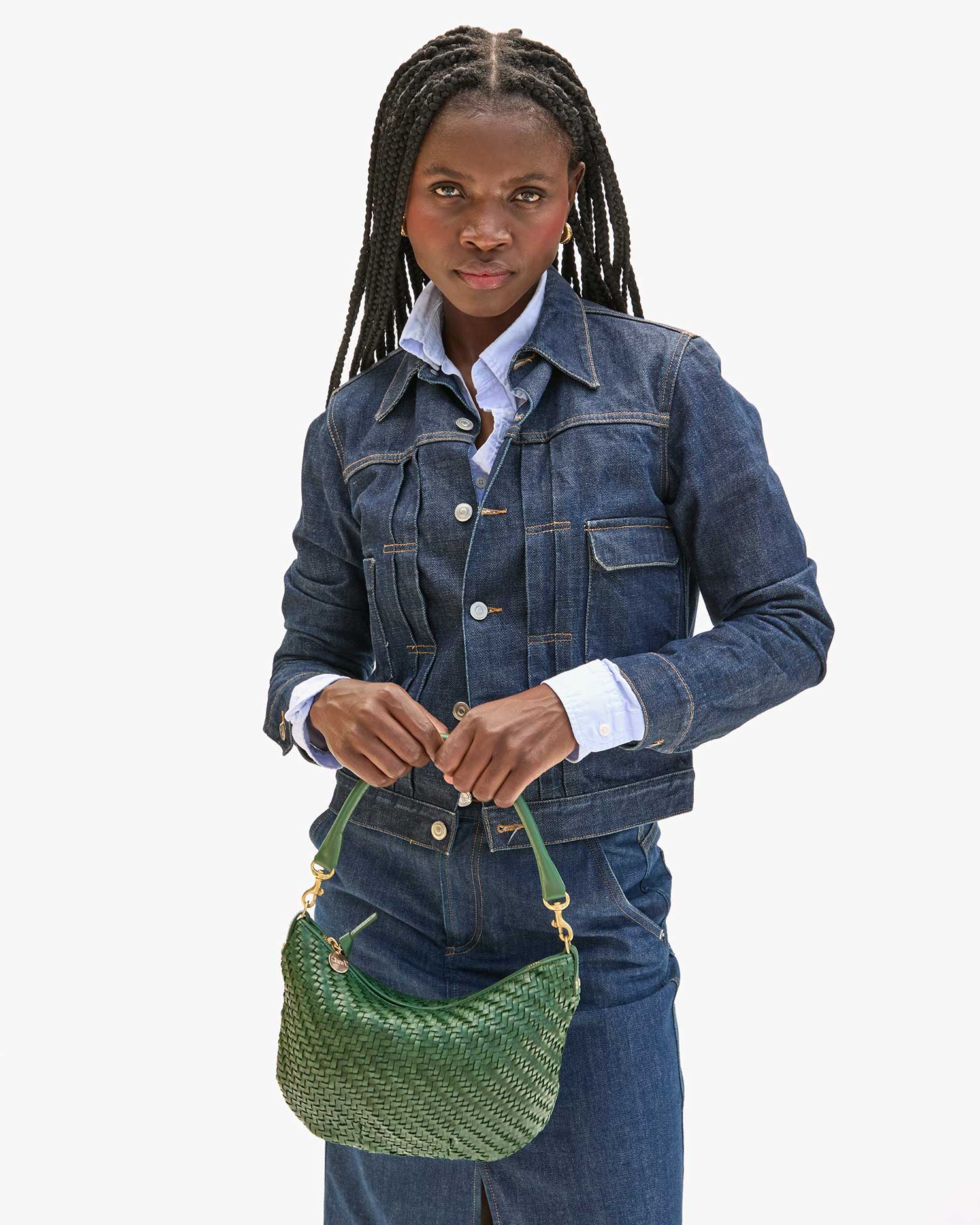 Clare V. Petit Moyen Messenger in Evergreen Woven Zig-Zag