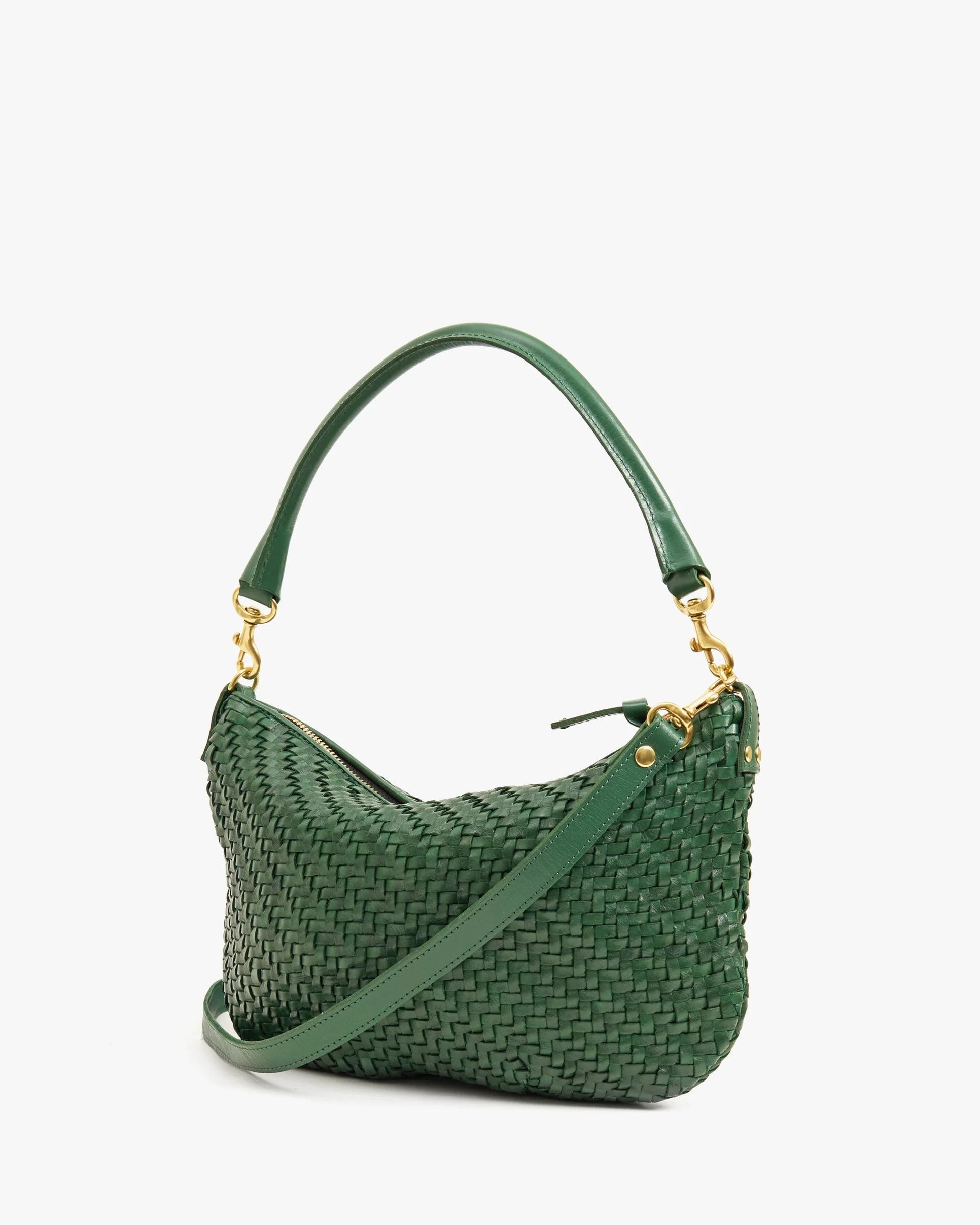 Clare V. Petit Moyen Messenger in Evergreen Woven Zig-Zag