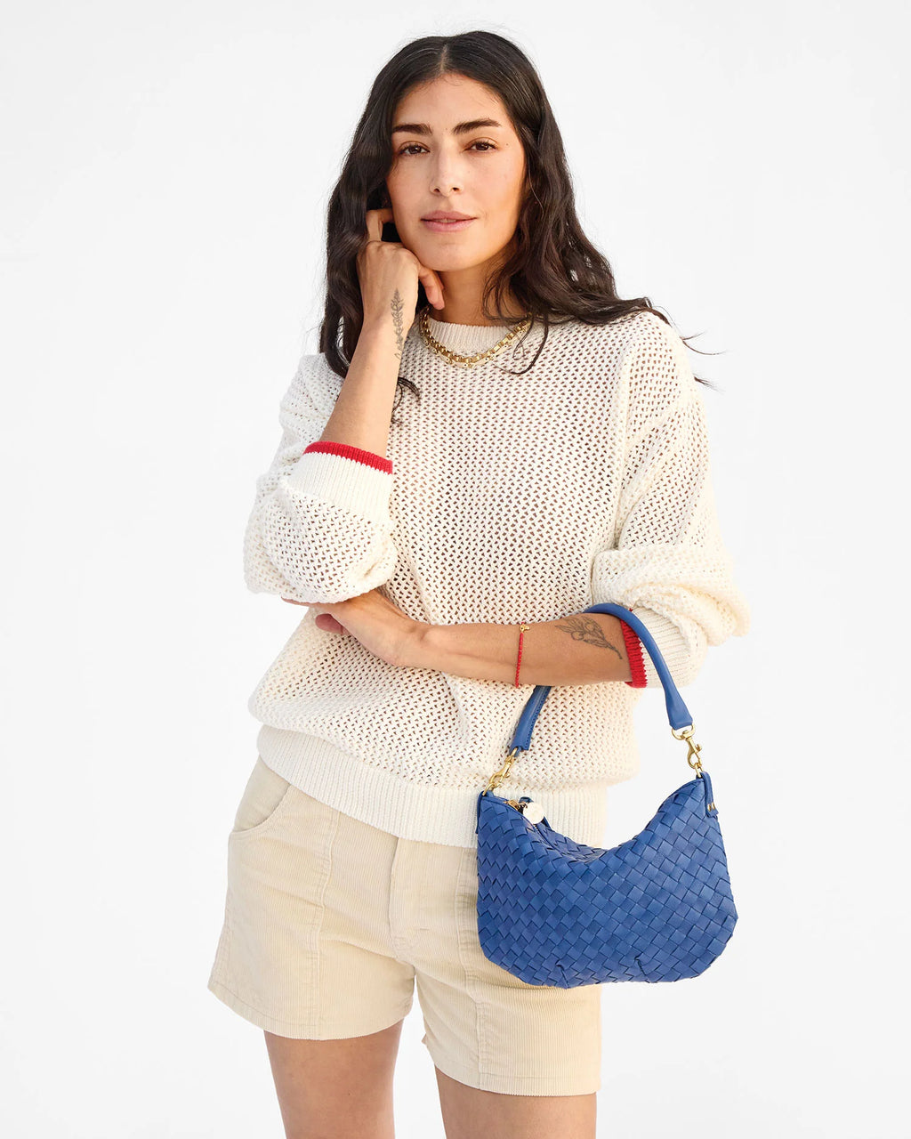 Clare V. Petit Moyen Messenger Woven Diagonal in French Blue