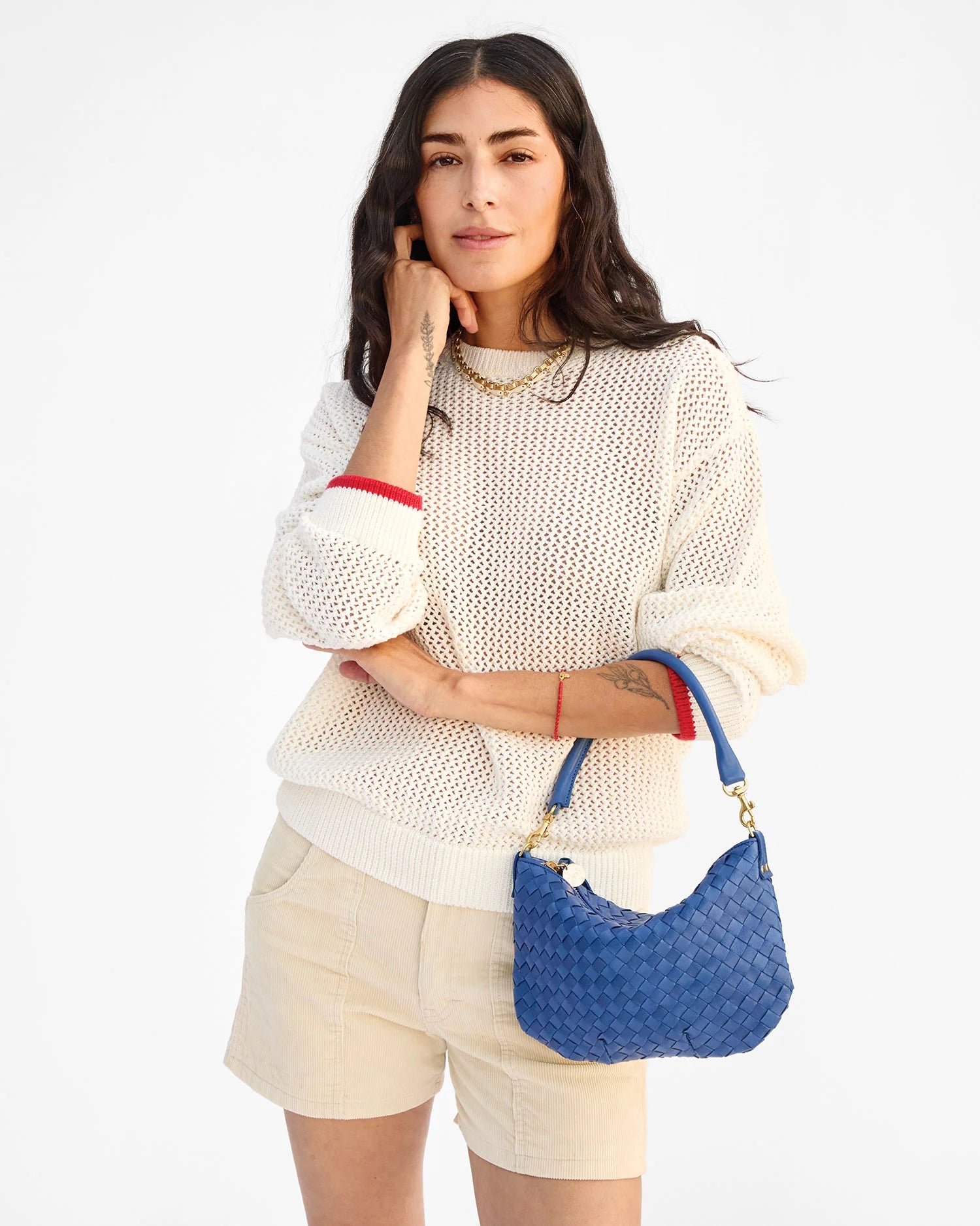 Clare V. Petit Moyen Messenger Woven Diagonal in French Blue